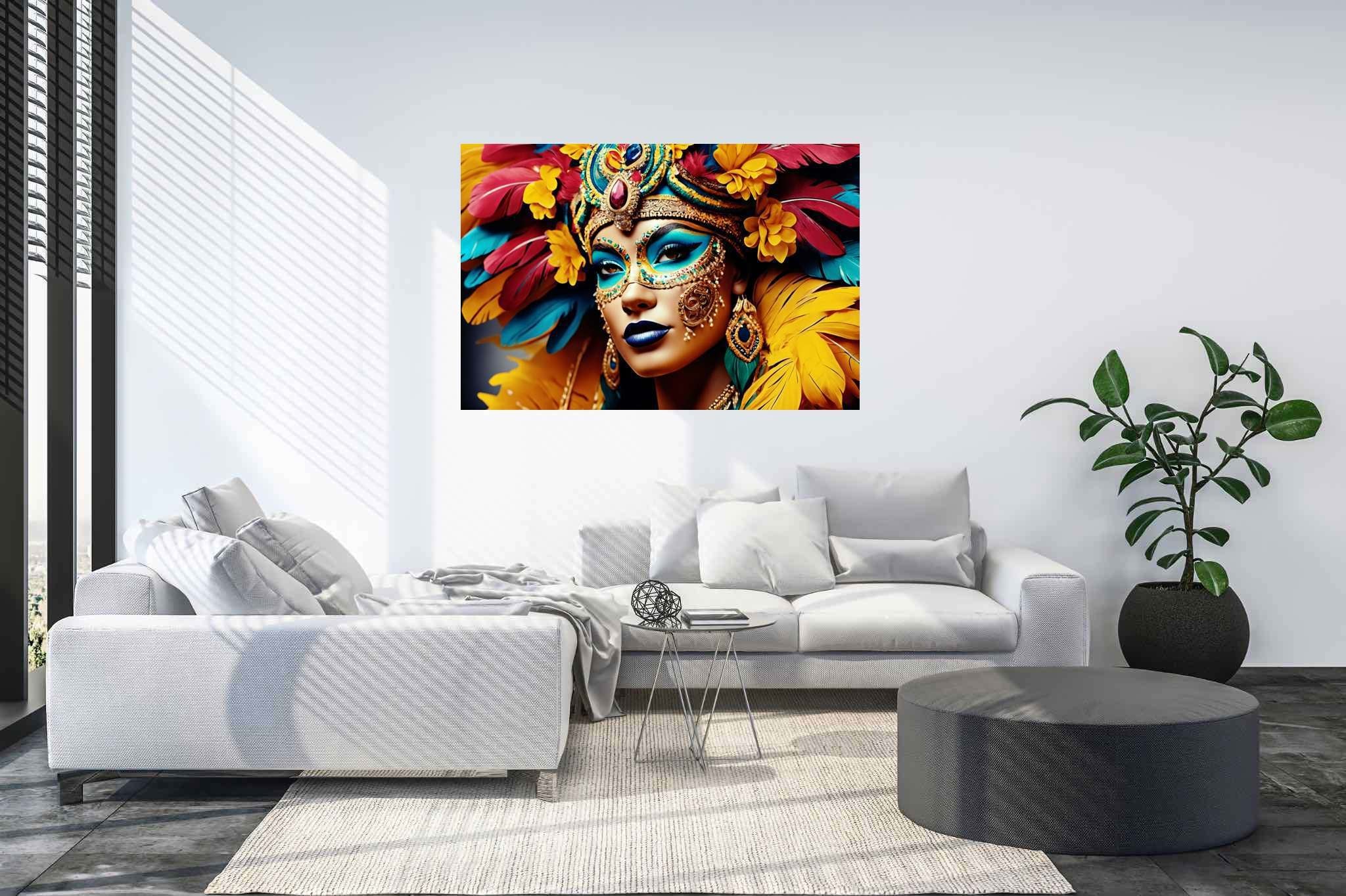 Mardi gras reverie: Colorful mask art with whimsical mask art, in a room with contemporary flair, bespoke art designs, and designer furniture. The art can be printed on poster, framed poster, canvas, metal, acrylic or wood, exclusively at WallArtZen. Find this exact print at https://wallartzen.com/waz29