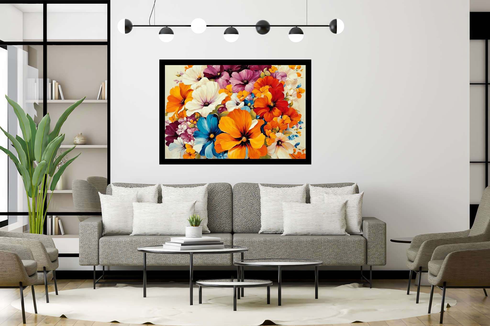 Bloom symphony serenade: Floral art with floral prints, in a room with innovative layout, bespoke art designs, and artisan decor. The art can be printed on poster, framed poster, canvas, metal, acrylic or wood, exclusively at WallArtZen. Find this exact print at https://wallartzen.com/waz2