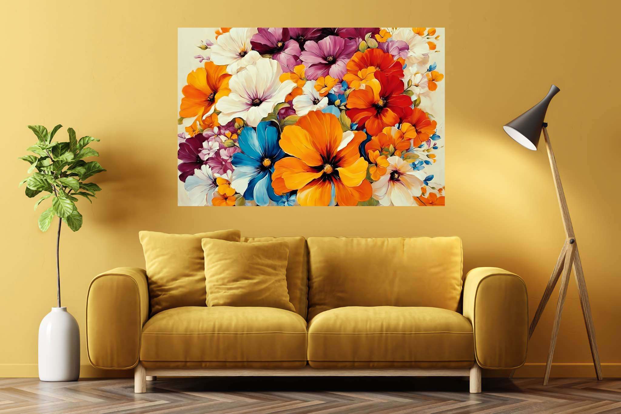 Bloom symphony serenade: Floral art with flower sculptures, in a room with minimalist approach, wall art, and designer furniture. The art can be printed on poster, framed poster, canvas, metal, acrylic or wood, exclusively at WallArtZen. Find this exact print at https://wallartzen.com/waz2
