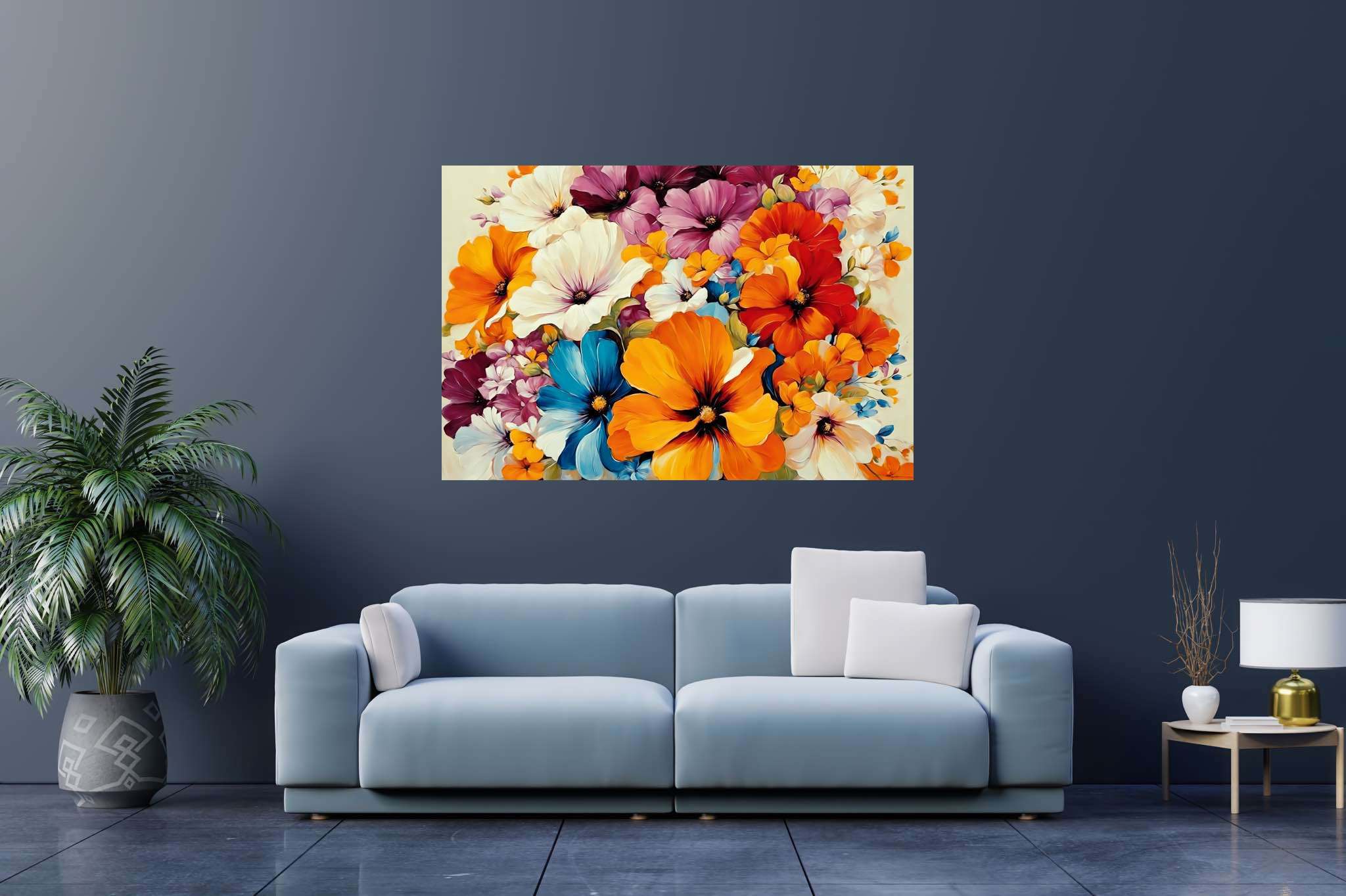 Bloom symphony serenade: Floral art with floral prints, in a room with contemporary flair, canvas prints, and stylish accessories. The art can be printed on poster, framed poster, canvas, metal, acrylic or wood, exclusively at WallArtZen. Find this exact print at https://wallartzen.com/waz2
