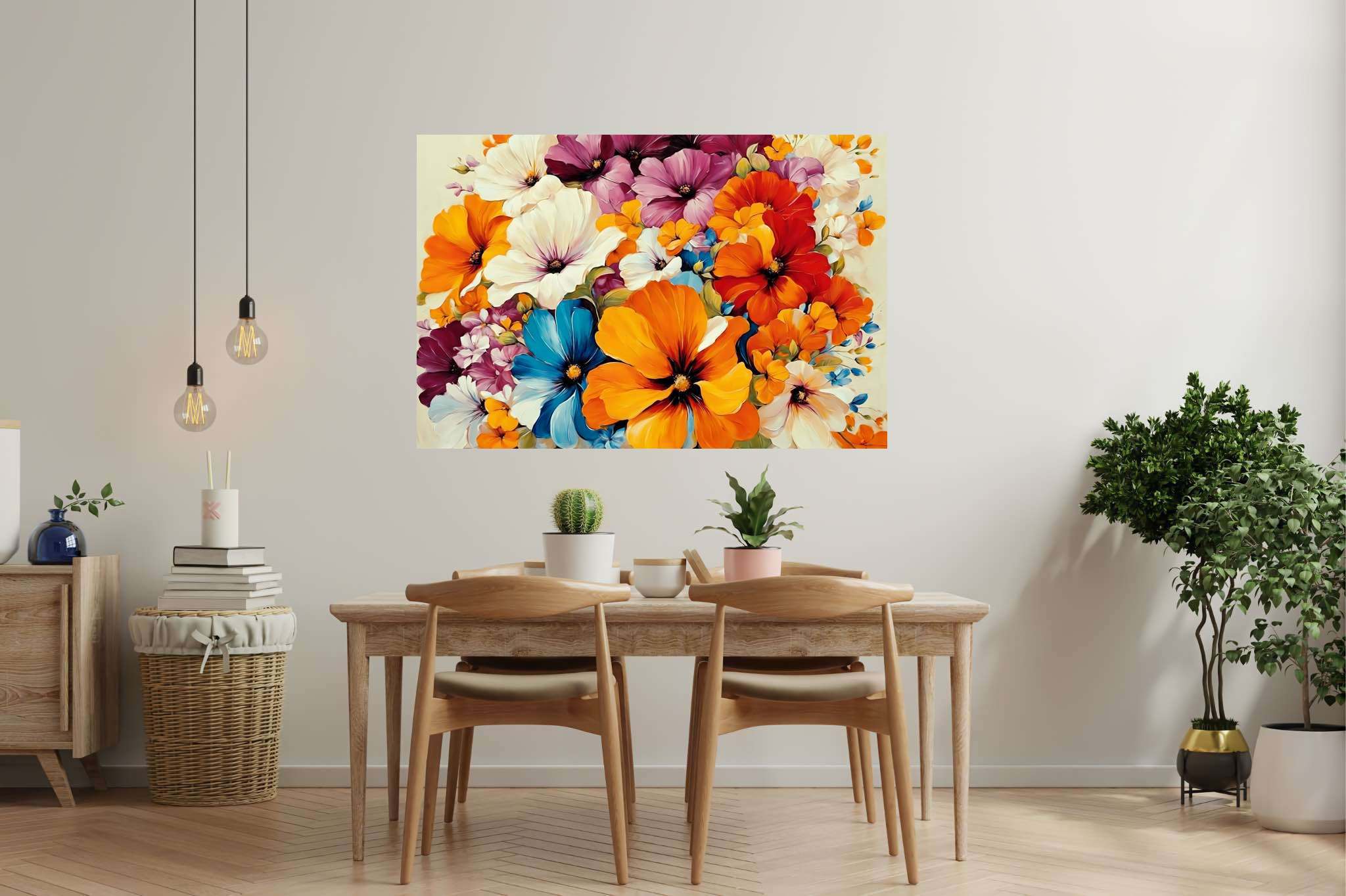 Bloom symphony serenade: Floral art with flower art, in a room with contemporary flair, gallery-quality artwork, and designer furniture. The art can be printed on poster, framed poster, canvas, metal, acrylic or wood, exclusively at WallArtZen. Find this exact print at https://wallartzen.com/waz2