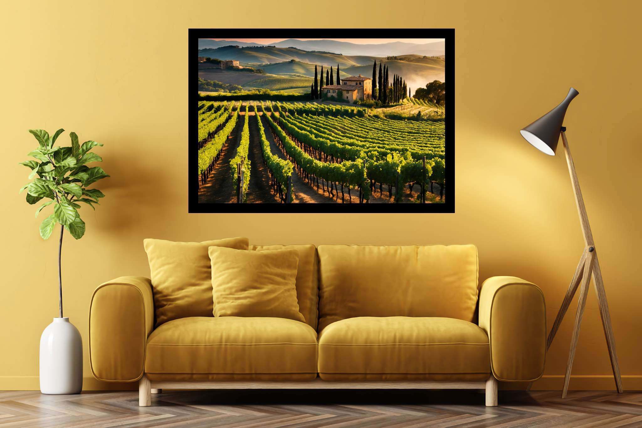 Vineyard haven at dusk: Lush vineyard art with vineyard posters, in a room with chic decor, framed art, and trendy home accents. The art can be printed on poster, framed poster, canvas, metal, acrylic or wood, exclusively at WallArtZen. Find this exact print at https://wallartzen.com/waz300