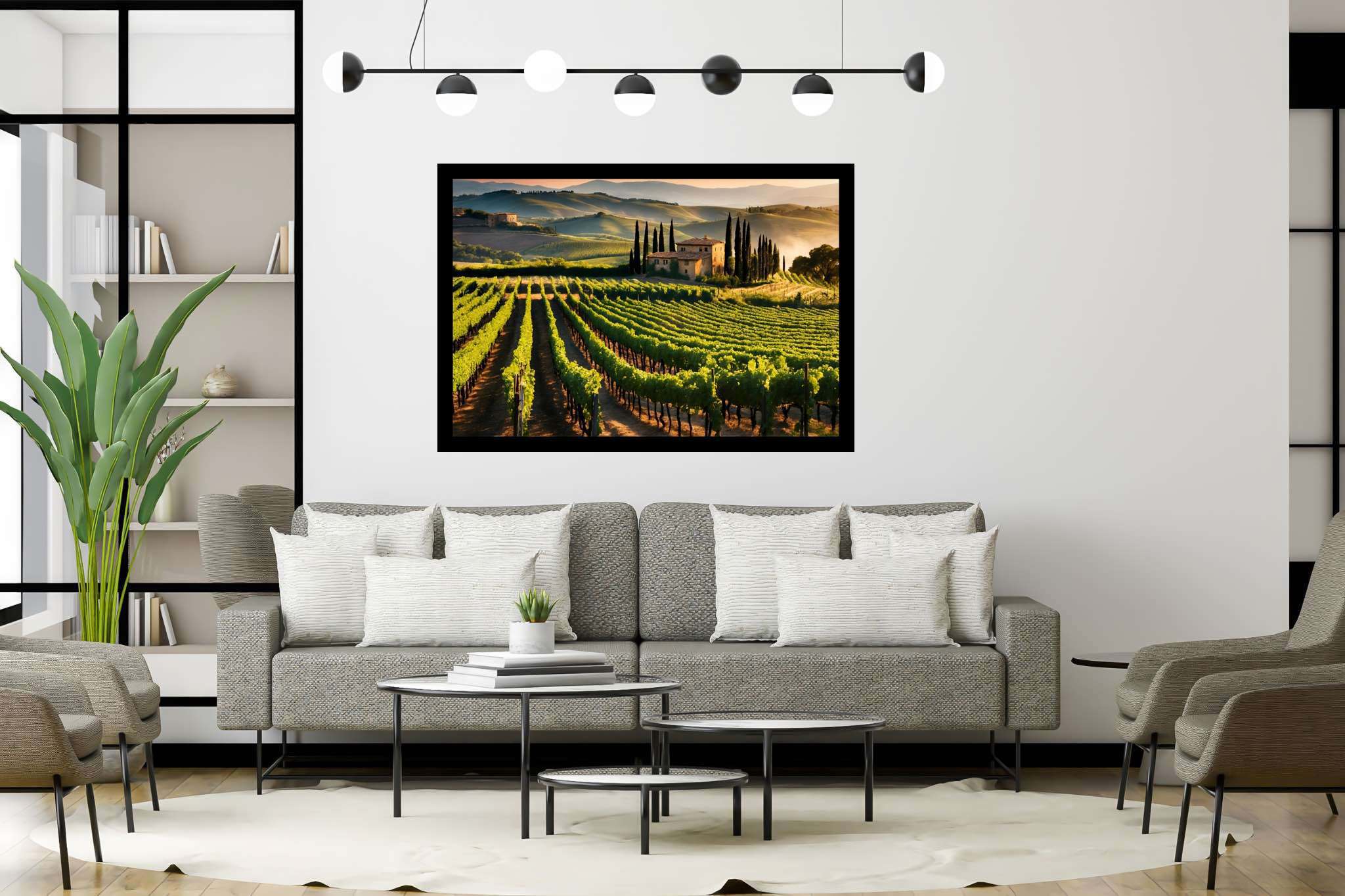 Vineyard haven at dusk: Lush vineyard art with vineyard artwork, in a room with urban design, photographic wall art, and luxe decor. The art can be printed on poster, framed poster, canvas, metal, acrylic or wood, exclusively at WallArtZen. Find this exact print at https://wallartzen.com/waz300