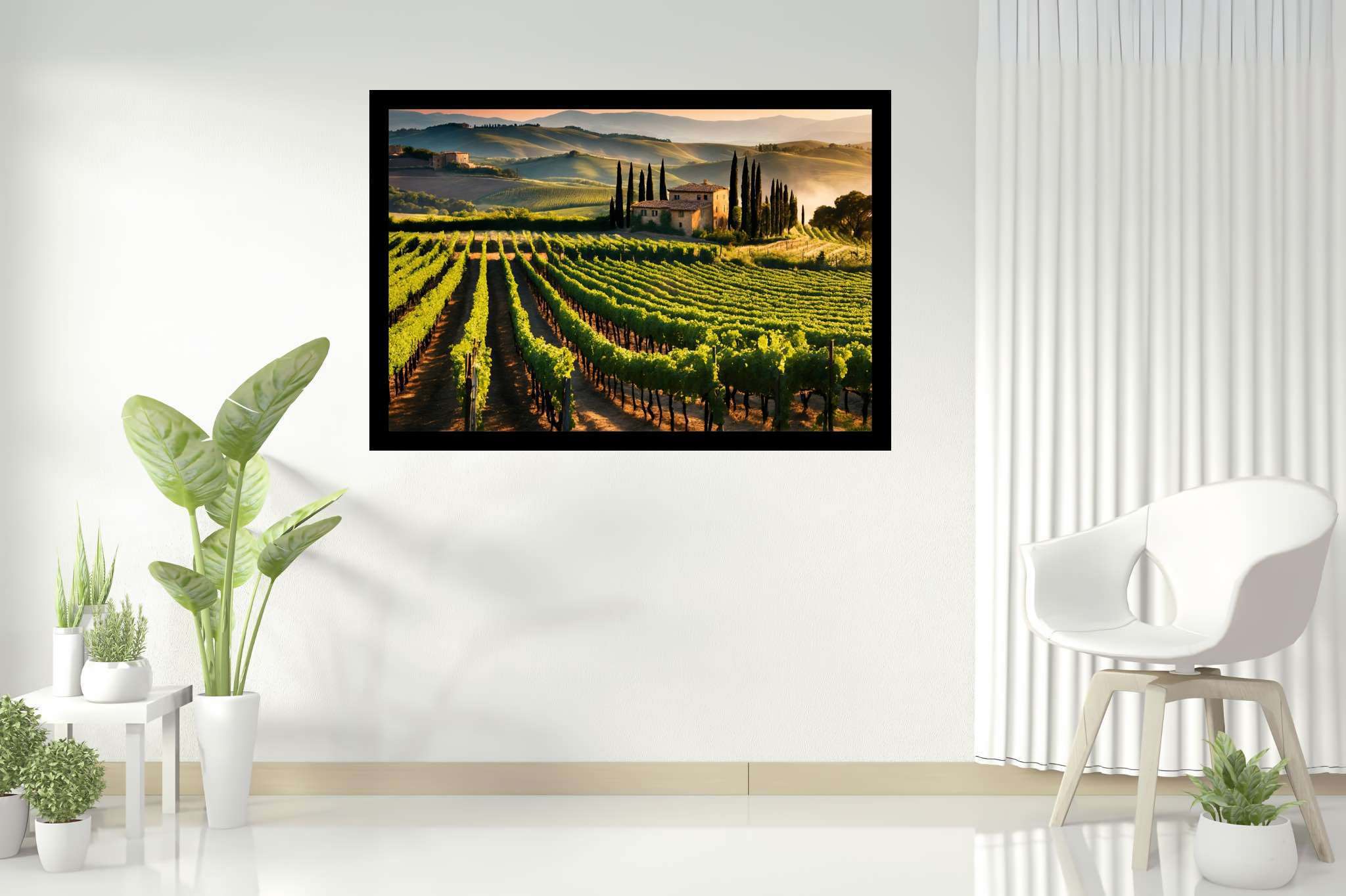Vineyard haven at dusk: Lush vineyard art with lush vineyard art, in a room with artistic style, canvas prints, and trendy home accents. The art can be printed on poster, framed poster, canvas, metal, acrylic or wood, exclusively at WallArtZen. Find this exact print at https://wallartzen.com/waz300