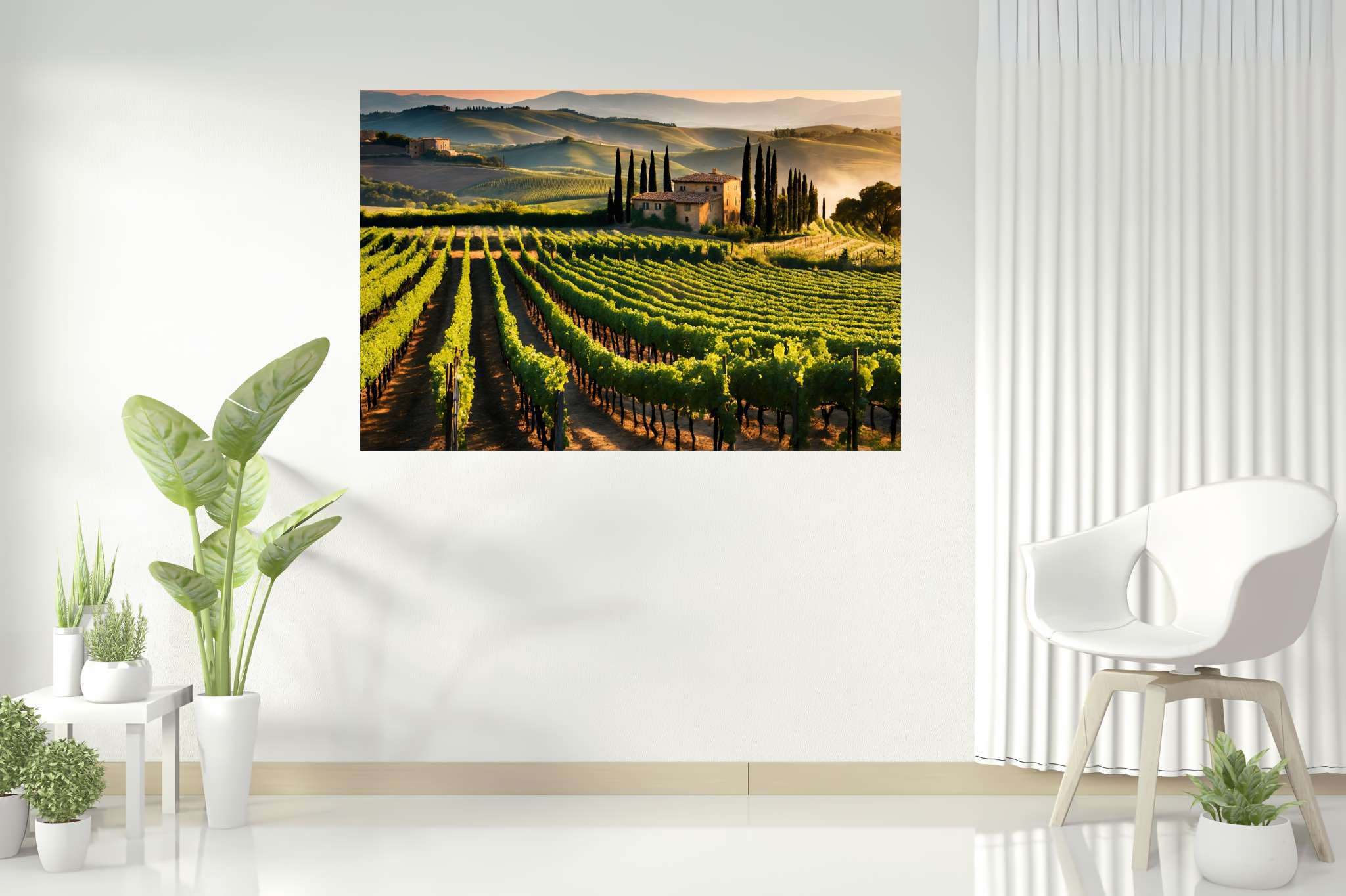Vineyard haven at dusk: Lush vineyard art with wine tasting art, in a room with modern style, digital art pieces, and decorative pieces. The art can be printed on poster, framed poster, canvas, metal, acrylic or wood, exclusively at WallArtZen. Find this exact print at https://wallartzen.com/waz300