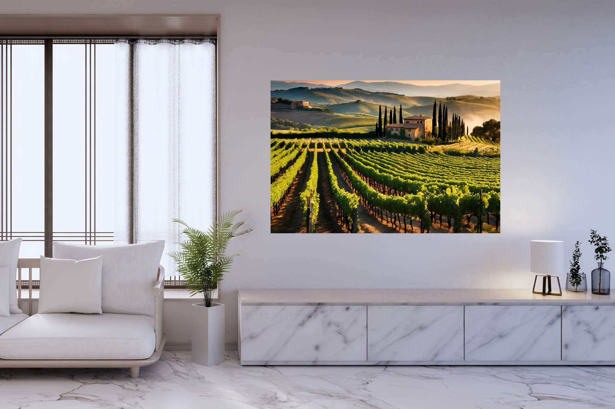 Vineyard haven at dusk: Lush vineyard art with wine-themed art, in a room with chic decor, fine art prints, and elegant home goods. The art can be printed on poster, framed poster, canvas, metal, acrylic or wood, exclusively at WallArtZen. Find this exact print at https://wallartzen.com/waz300
