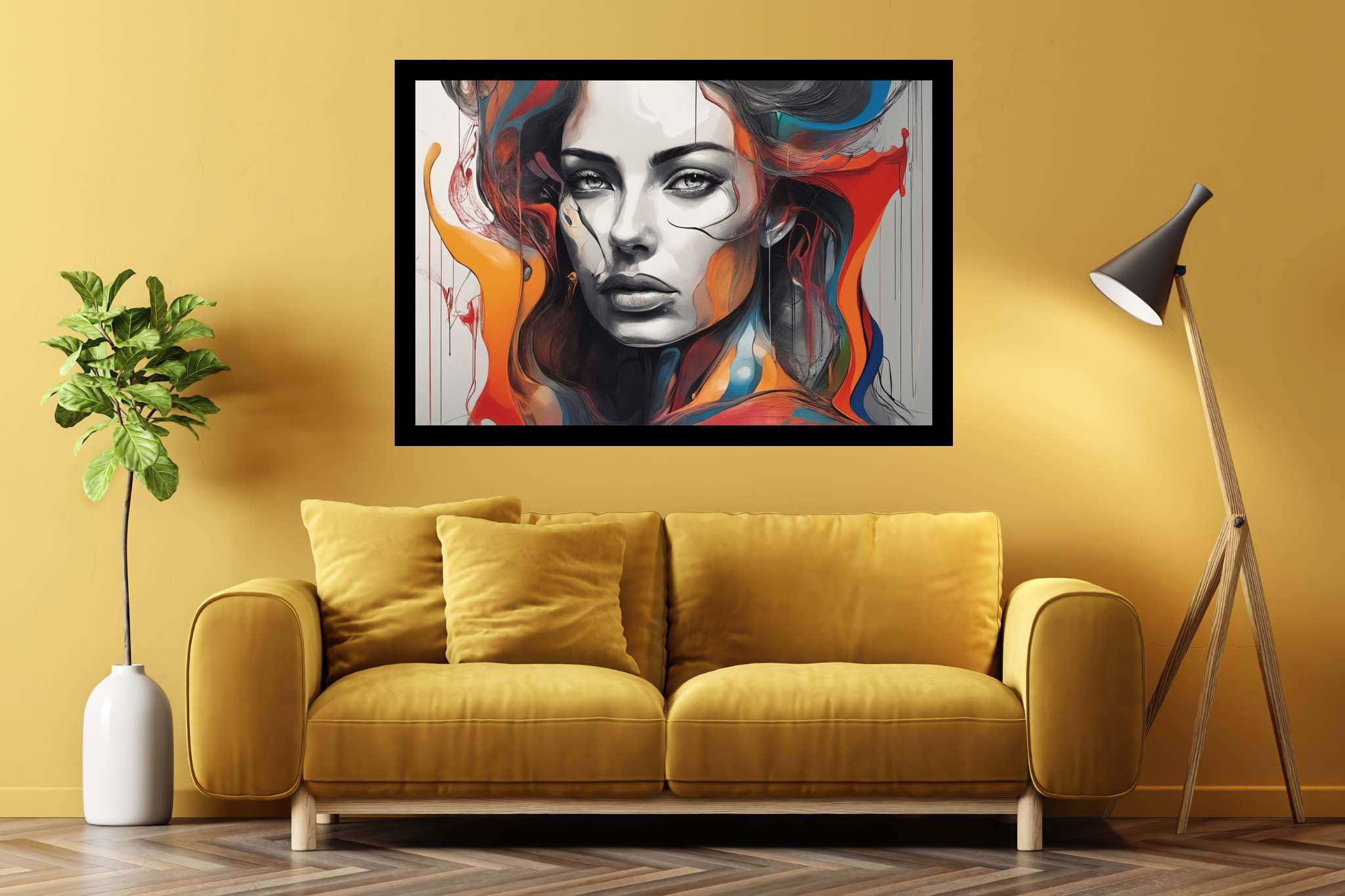 Enigma in crimson cascade: Surreal art with bizarre imagery, in a room with modern style, canvas prints, and luxe decor. The art can be printed on poster, framed poster, canvas, metal, acrylic or wood, exclusively at WallArtZen. Find this exact print at https://wallartzen.com/waz301