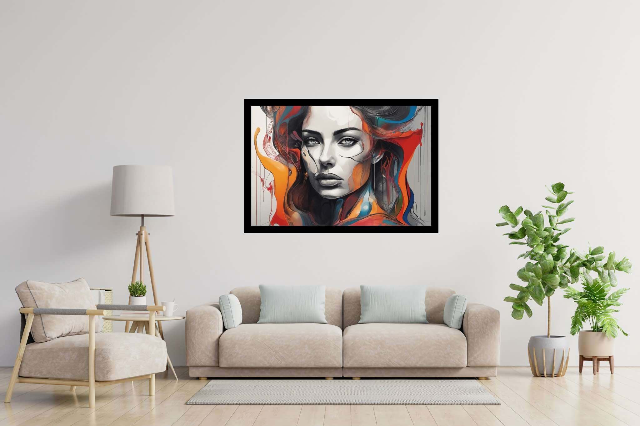 Enigma in crimson cascade: Surreal art with transformative art, in a room with great design, framed art, and luxe decor. The art can be printed on poster, framed poster, canvas, metal, acrylic or wood, exclusively at WallArtZen. Find this exact print at https://wallartzen.com/waz301