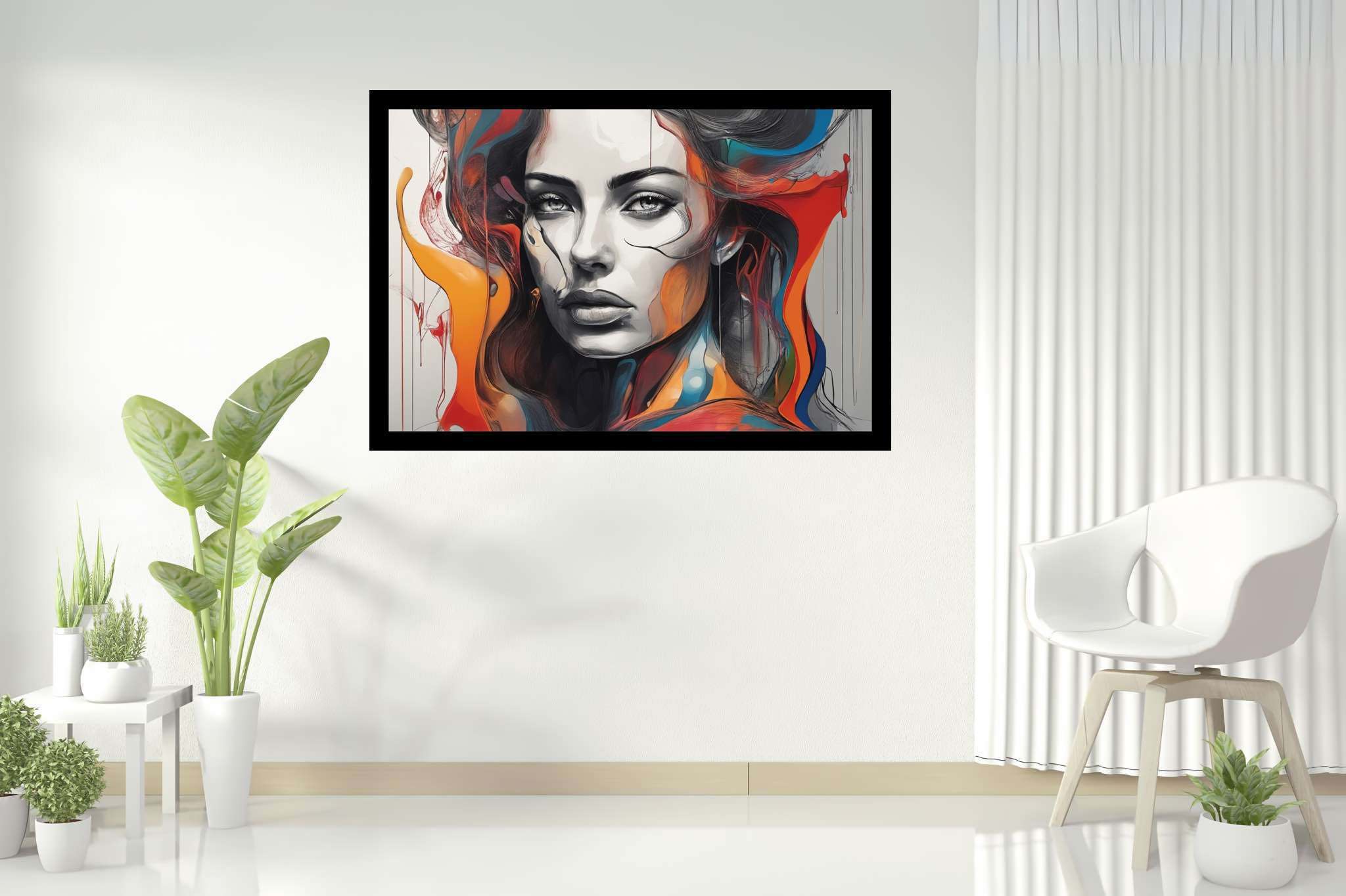 Enigma in crimson cascade: Surreal art with ethereal compositions, in a room with innovative layout, framed art, and interior decorations. The art can be printed on poster, framed poster, canvas, metal, acrylic or wood, exclusively at WallArtZen. Find this exact print at https://wallartzen.com/waz301