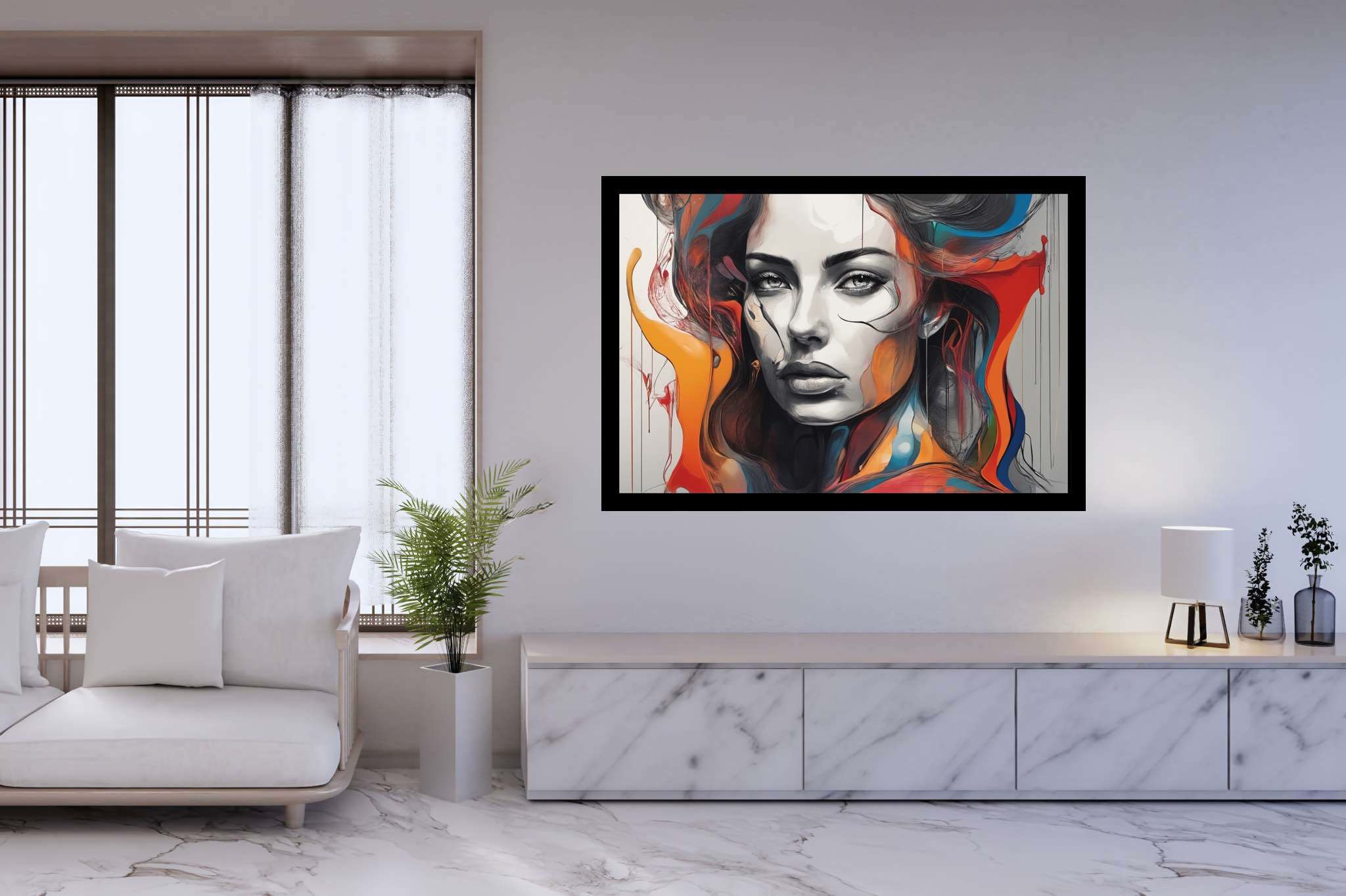 Enigma in crimson cascade: Surreal art with otherworldly aesthetics, in a room with chic decor, digital art pieces, and artisan decor. The art can be printed on poster, framed poster, canvas, metal, acrylic or wood, exclusively at WallArtZen. Find this exact print at https://wallartzen.com/waz301