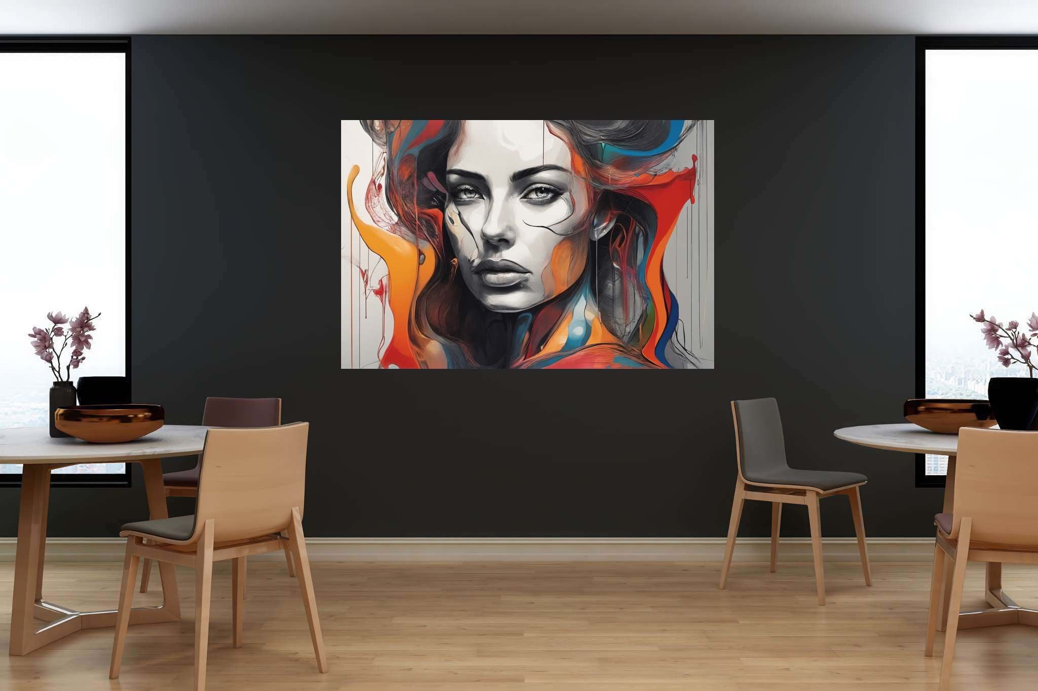 Enigma in crimson cascade: Surreal art with dreamlike paintings, in a room with great design, framed art, and home furnishings. The art can be printed on poster, framed poster, canvas, metal, acrylic or wood, exclusively at WallArtZen. Find this exact print at https://wallartzen.com/waz301
