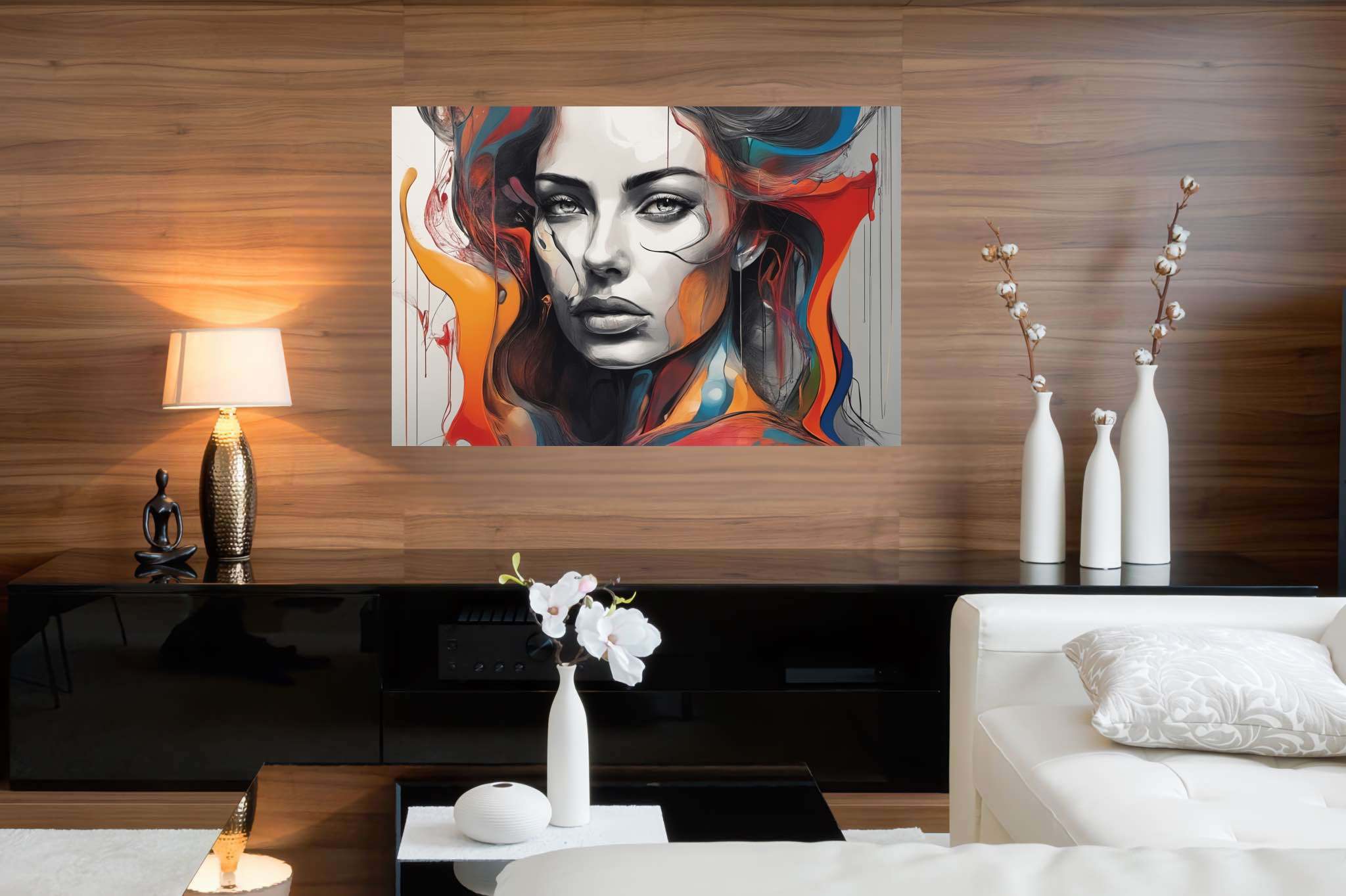 Enigma in crimson cascade: Surreal art with abstract symbolism, in a room with chic decor, wall art, and home styling items. The art can be printed on poster, framed poster, canvas, metal, acrylic or wood, exclusively at WallArtZen. Find this exact print at https://wallartzen.com/waz301