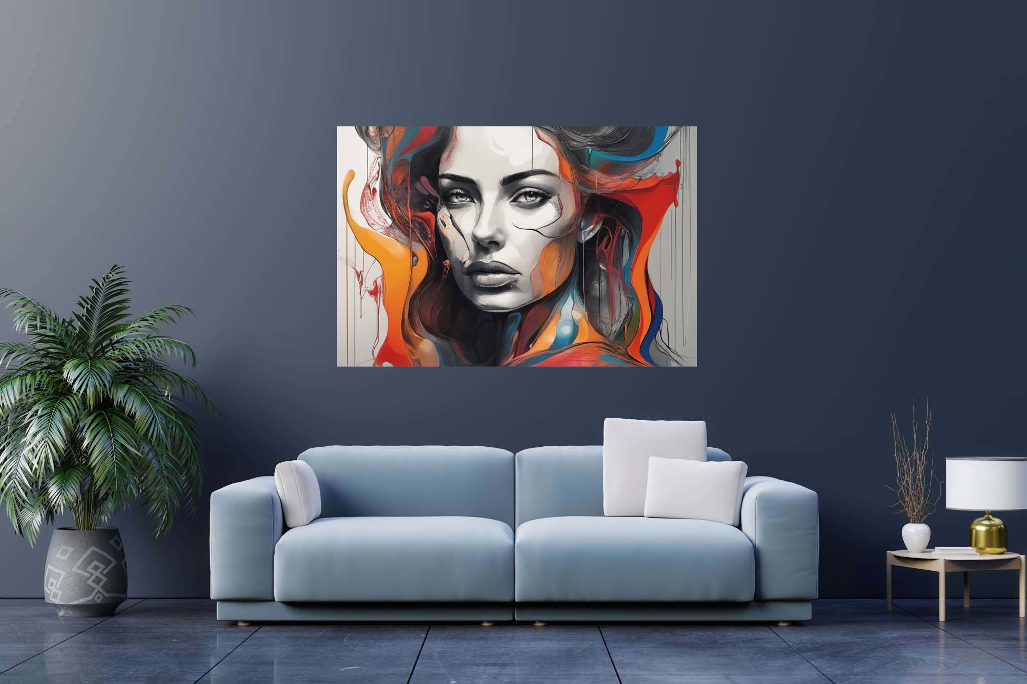 Enigma in crimson cascade: Surreal art with mind-bending visuals, in a room with classic elegance, digital art pieces, and designer furniture. The art can be printed on poster, framed poster, canvas, metal, acrylic or wood, exclusively at WallArtZen. Find this exact print at https://wallartzen.com/waz301