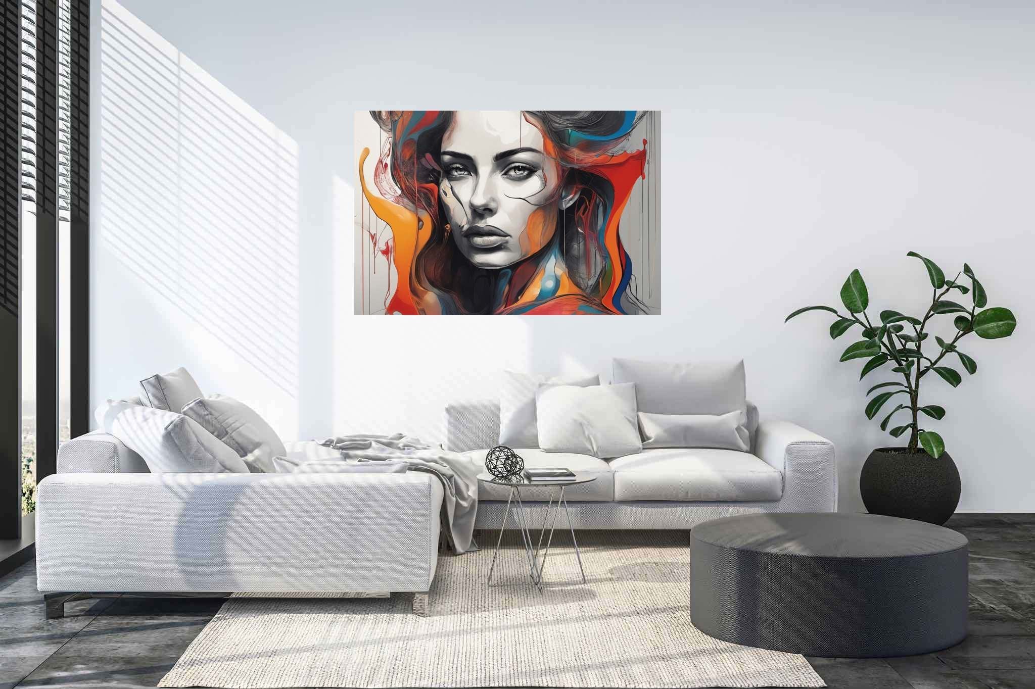 Enigma in crimson cascade: Surreal art with subconscious expression, in a room with great design, gallery-quality artwork, and luxe decor. The art can be printed on poster, framed poster, canvas, metal, acrylic or wood, exclusively at WallArtZen. Find this exact print at https://wallartzen.com/waz301