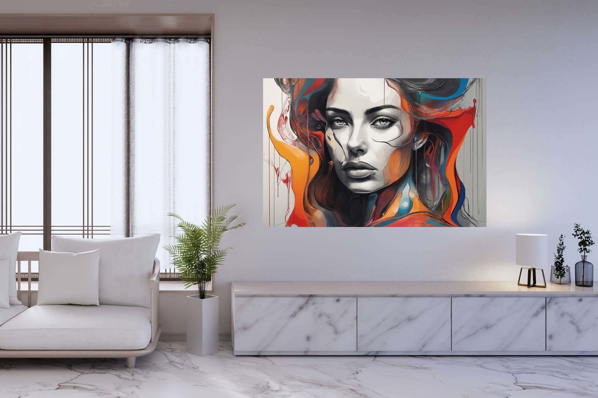Enigma in crimson cascade: Surreal art with otherworldly aesthetics, in a room with minimalist approach, gallery-quality artwork, and elegant home goods. The art can be printed on poster, framed poster, canvas, metal, acrylic or wood, exclusively at WallArtZen. Find this exact print at https://wallartzen.com/waz301