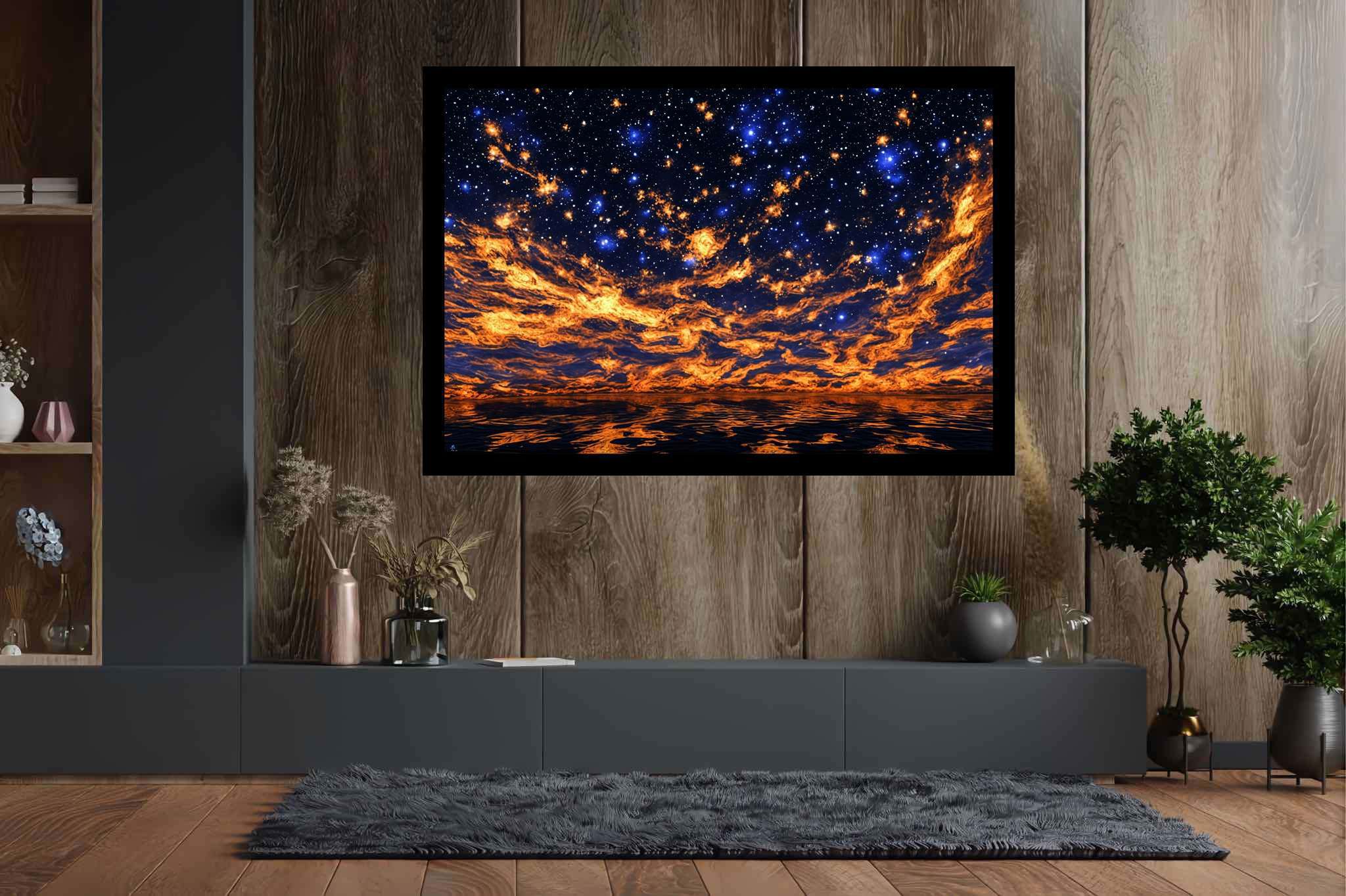 Crimson cosmo tapestry: Night sky art with universe, in a room with innovative layout, gallery-quality artwork, and luxe decor. The art can be printed on poster, framed poster, canvas, metal, acrylic or wood, exclusively at WallArtZen. Find this exact print at https://wallartzen.com/waz302