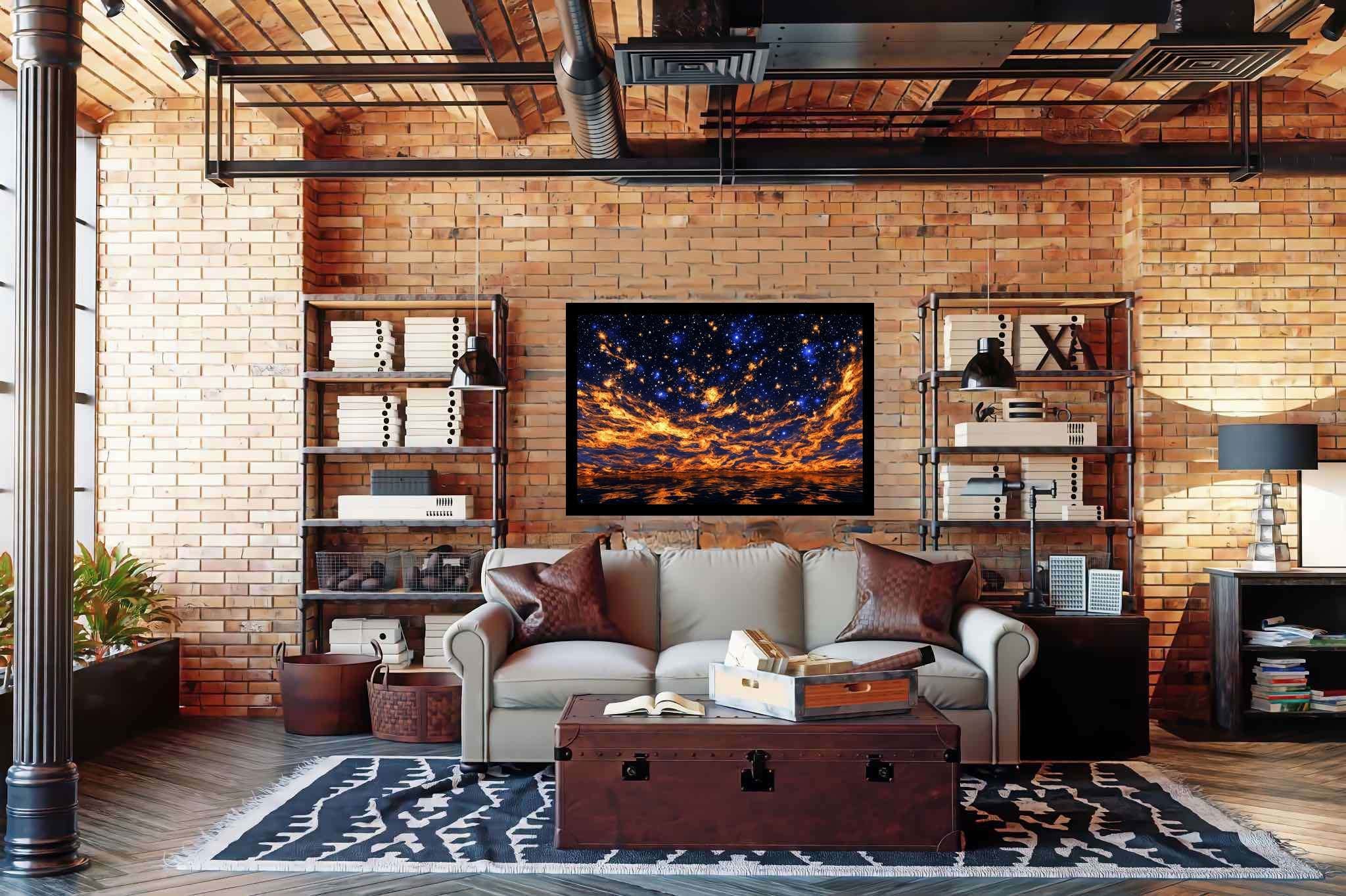 Crimson cosmo tapestry: Night sky art with stargazing, in a room with artistic style, photographic wall art, and stylish accessories. The art can be printed on poster, framed poster, canvas, metal, acrylic or wood, exclusively at WallArtZen. Find this exact print at https://wallartzen.com/waz302