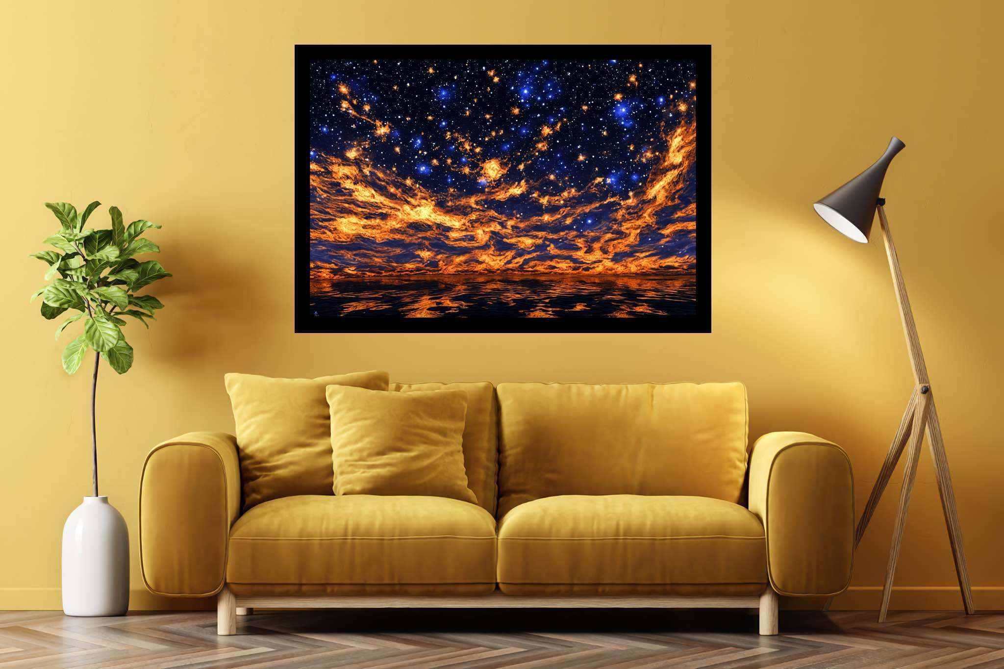Crimson cosmo tapestry: Night sky art with night sky art, in a room with contemporary flair, digital art pieces, and interior decorations. The art can be printed on poster, framed poster, canvas, metal, acrylic or wood, exclusively at WallArtZen. Find this exact print at https://wallartzen.com/waz302