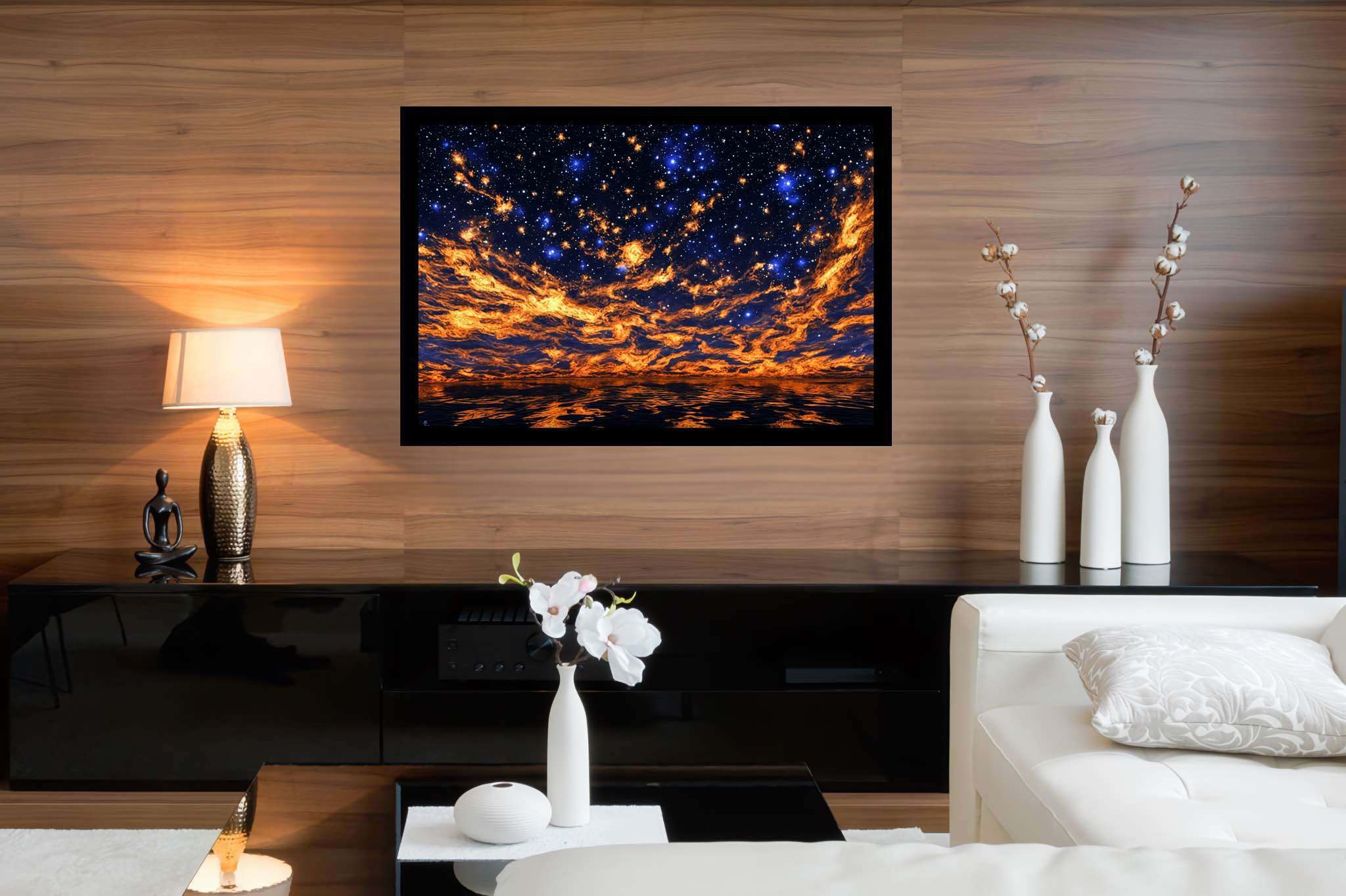 Crimson cosmo tapestry: Night sky art with ethereal, in a room with contemporary flair, wall hangings, and home styling items. The art can be printed on poster, framed poster, canvas, metal, acrylic or wood, exclusively at WallArtZen. Find this exact print at https://wallartzen.com/waz302