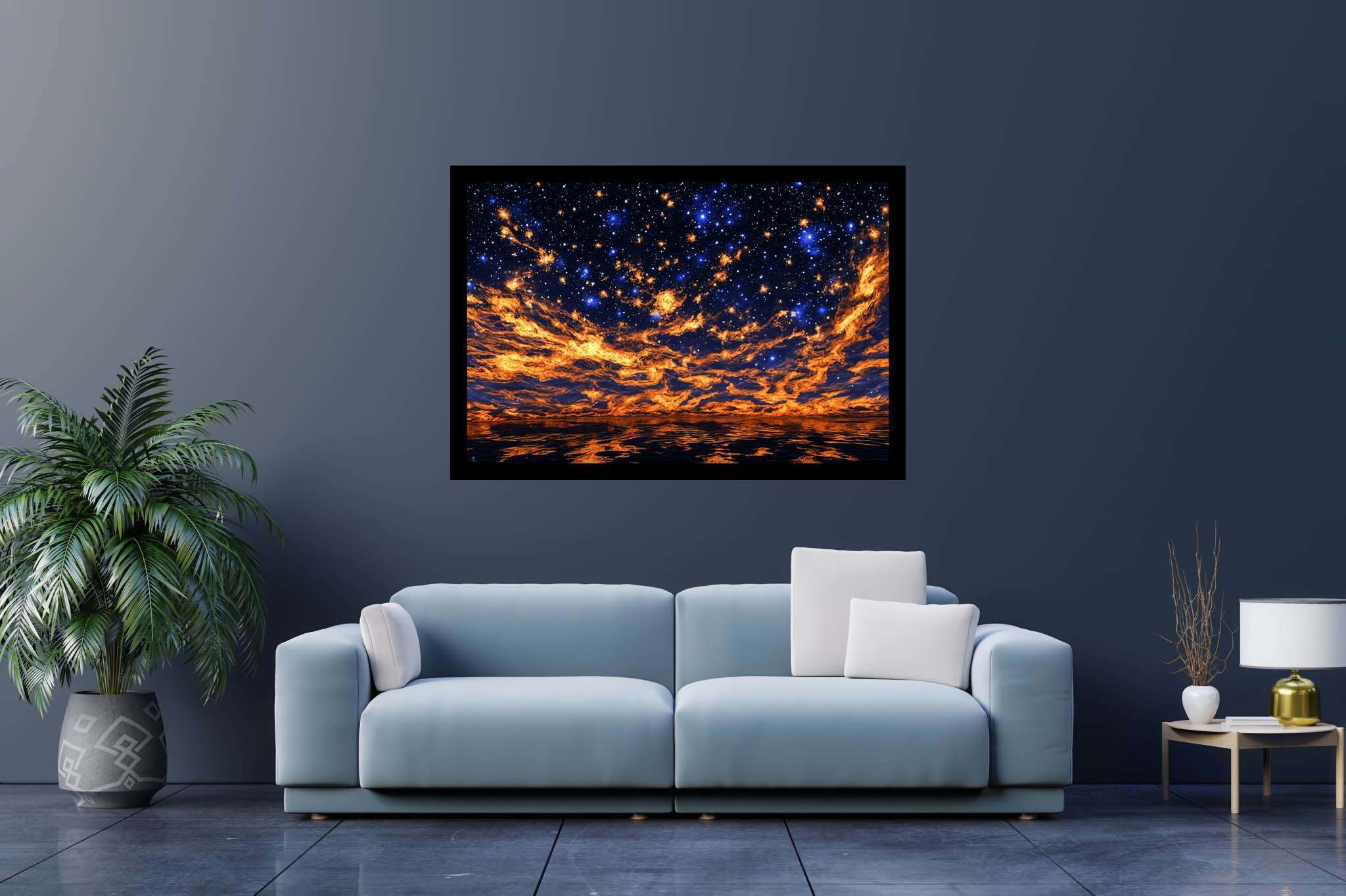 Crimson cosmo tapestry: Night sky art with nightscapes, in a room with great design, canvas prints, and interior decorations. The art can be printed on poster, framed poster, canvas, metal, acrylic or wood, exclusively at WallArtZen. Find this exact print at https://wallartzen.com/waz302