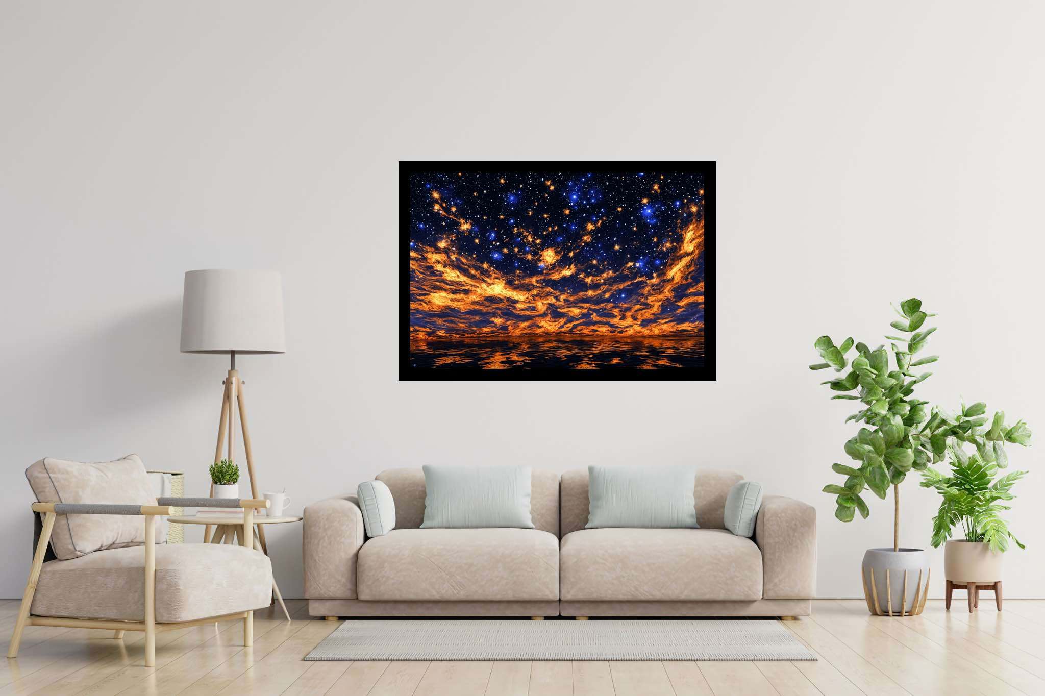 Crimson cosmo tapestry: Night sky art with nocturnal, in a room with modern style, wall art, and home styling items. The art can be printed on poster, framed poster, canvas, metal, acrylic or wood, exclusively at WallArtZen. Find this exact print at https://wallartzen.com/waz302