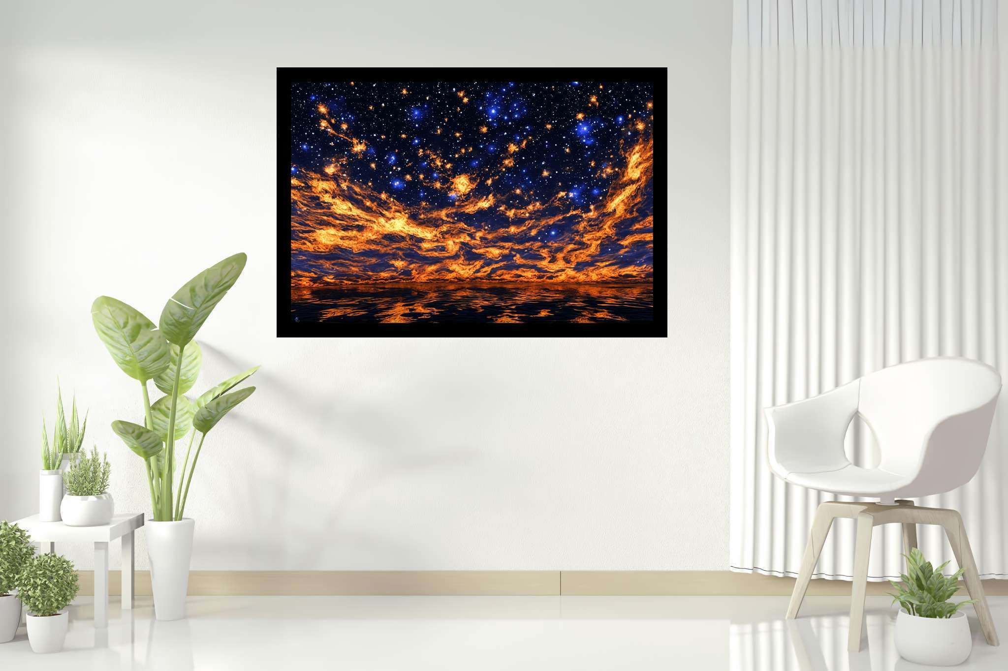 Crimson cosmo tapestry: Night sky art with space, in a room with minimalist approach, canvas prints, and luxe decor. The art can be printed on poster, framed poster, canvas, metal, acrylic or wood, exclusively at WallArtZen. Find this exact print at https://wallartzen.com/waz302