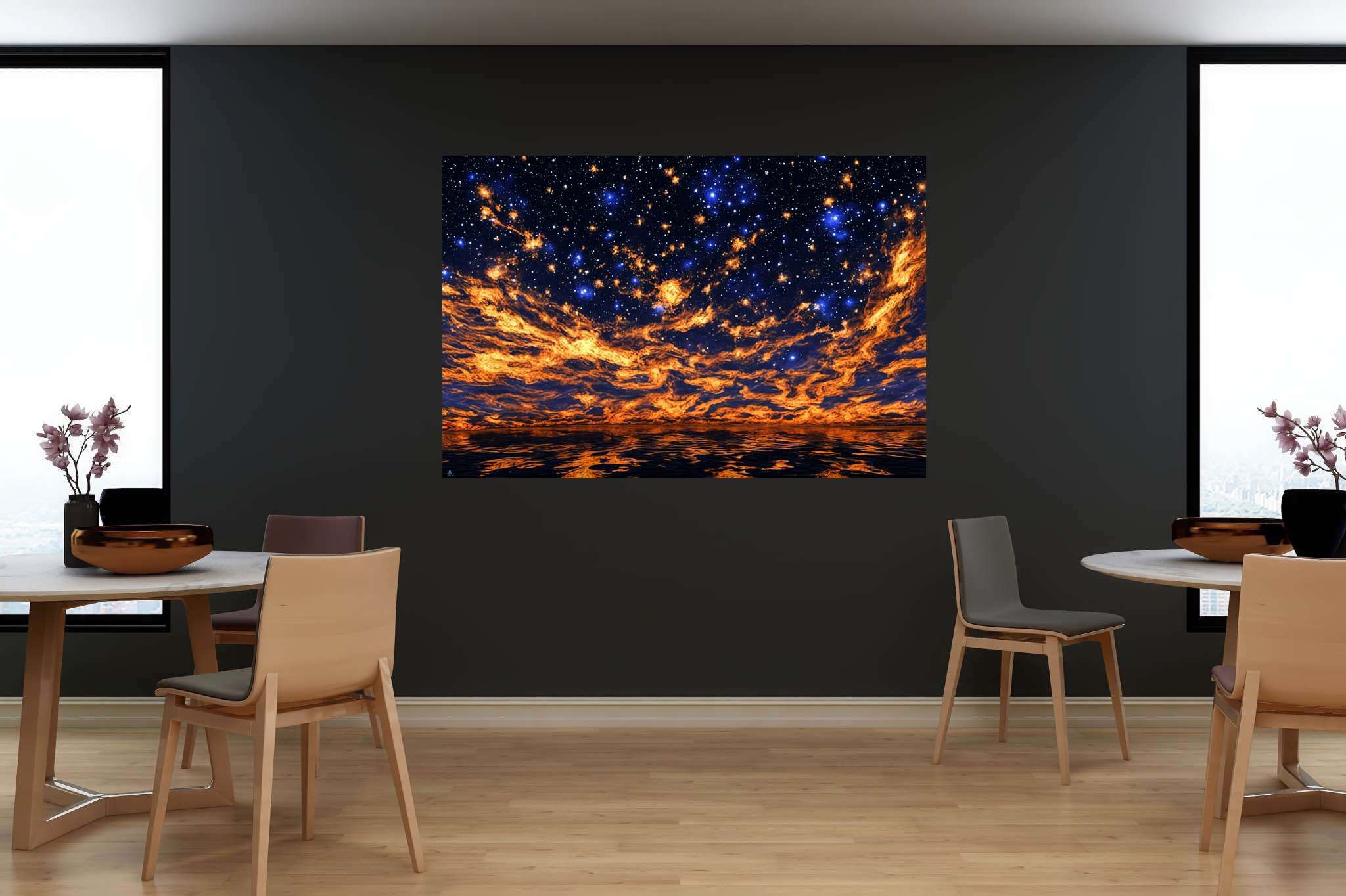 Crimson cosmo tapestry: Night sky art with night sky art, in a room with elegant layout, wall art, and luxe decor. The art can be printed on poster, framed poster, canvas, metal, acrylic or wood, exclusively at WallArtZen. Find this exact print at https://wallartzen.com/waz302