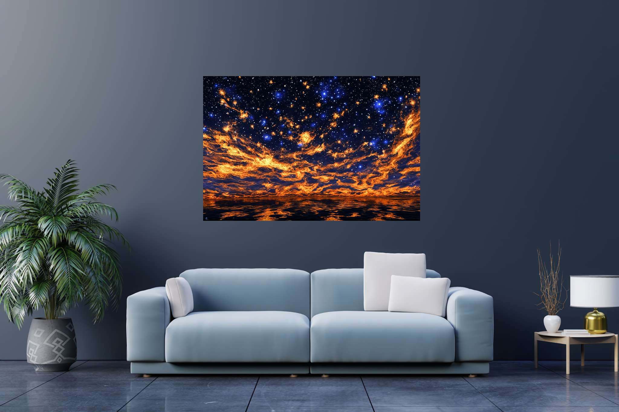 Crimson cosmo tapestry: Night sky art with astrophotography, in a room with modern style, wall art, and artisan decor. The art can be printed on poster, framed poster, canvas, metal, acrylic or wood, exclusively at WallArtZen. Find this exact print at https://wallartzen.com/waz302
