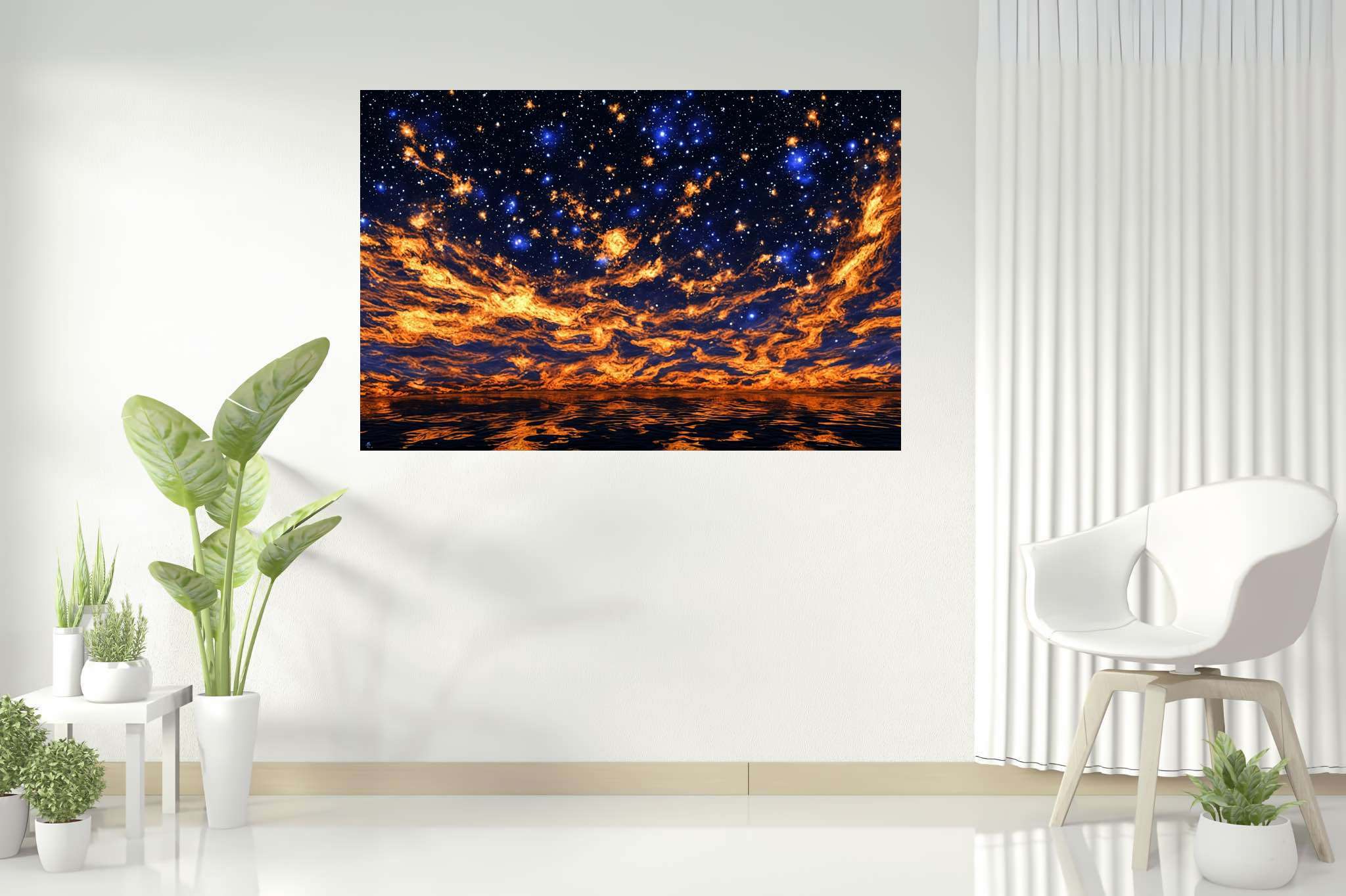 Crimson cosmo tapestry: Night sky art with midnight, in a room with modern style, gallery-quality artwork, and decorative pieces. The art can be printed on poster, framed poster, canvas, metal, acrylic or wood, exclusively at WallArtZen. Find this exact print at https://wallartzen.com/waz302