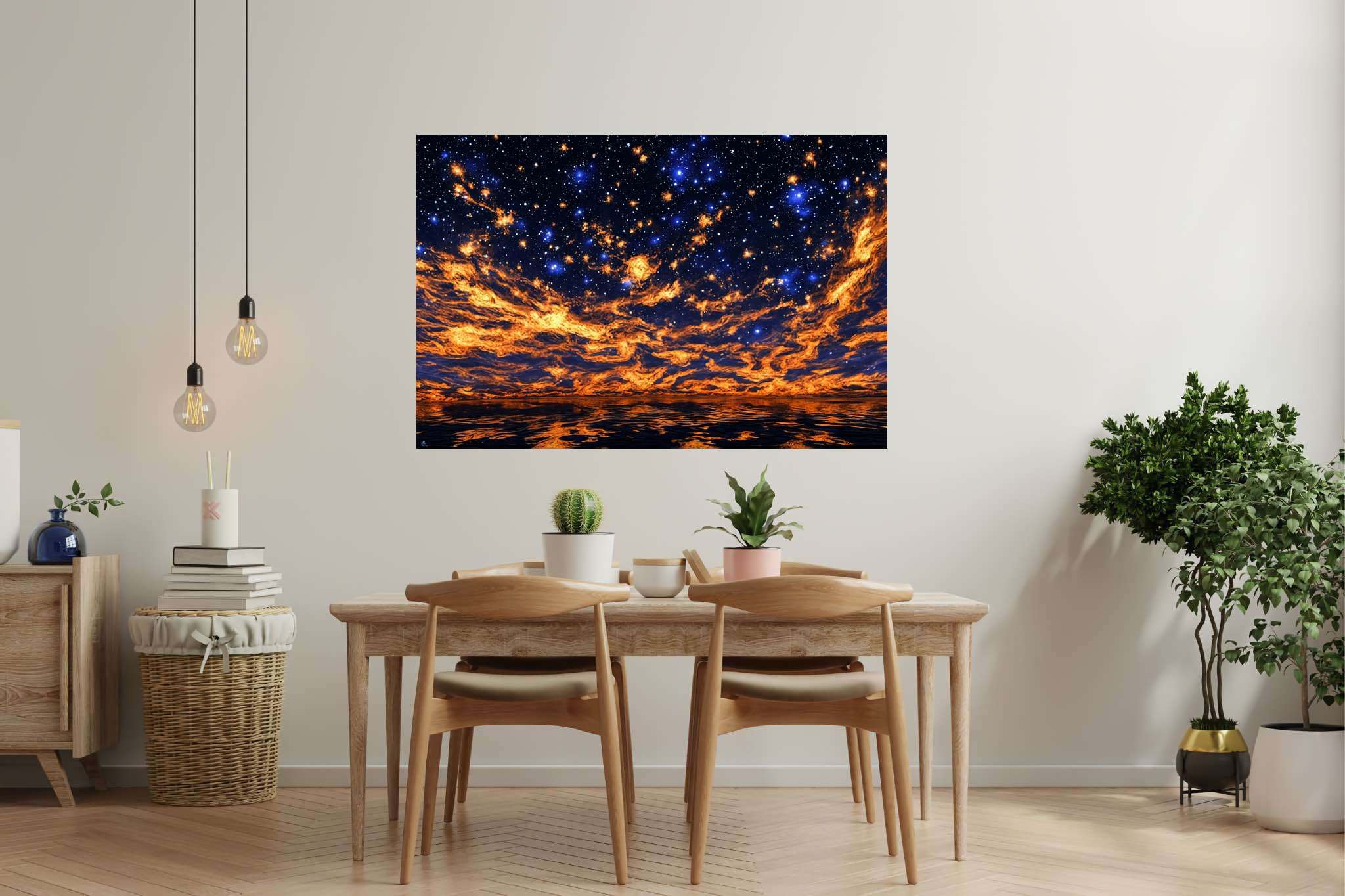 Crimson cosmo tapestry: Night sky art with cosmic, in a room with urban design, bespoke art designs, and stylish accessories. The art can be printed on poster, framed poster, canvas, metal, acrylic or wood, exclusively at WallArtZen. Find this exact print at https://wallartzen.com/waz302