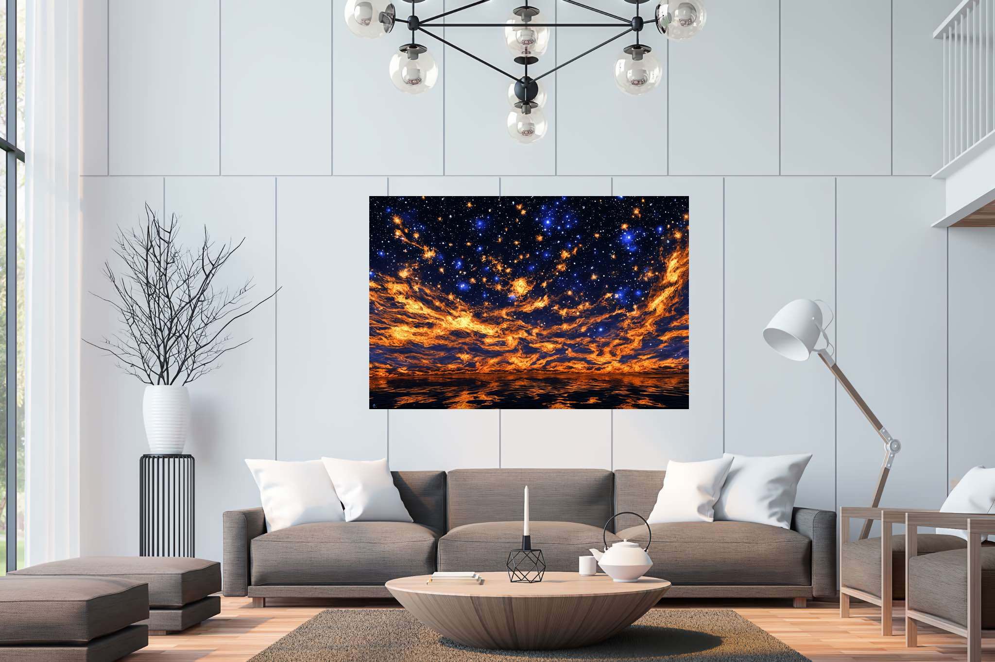 Crimson cosmo tapestry: Night sky art with galaxies, in a room with classic elegance, photographic wall art, and home styling items. The art can be printed on poster, framed poster, canvas, metal, acrylic or wood, exclusively at WallArtZen. Find this exact print at https://wallartzen.com/waz302