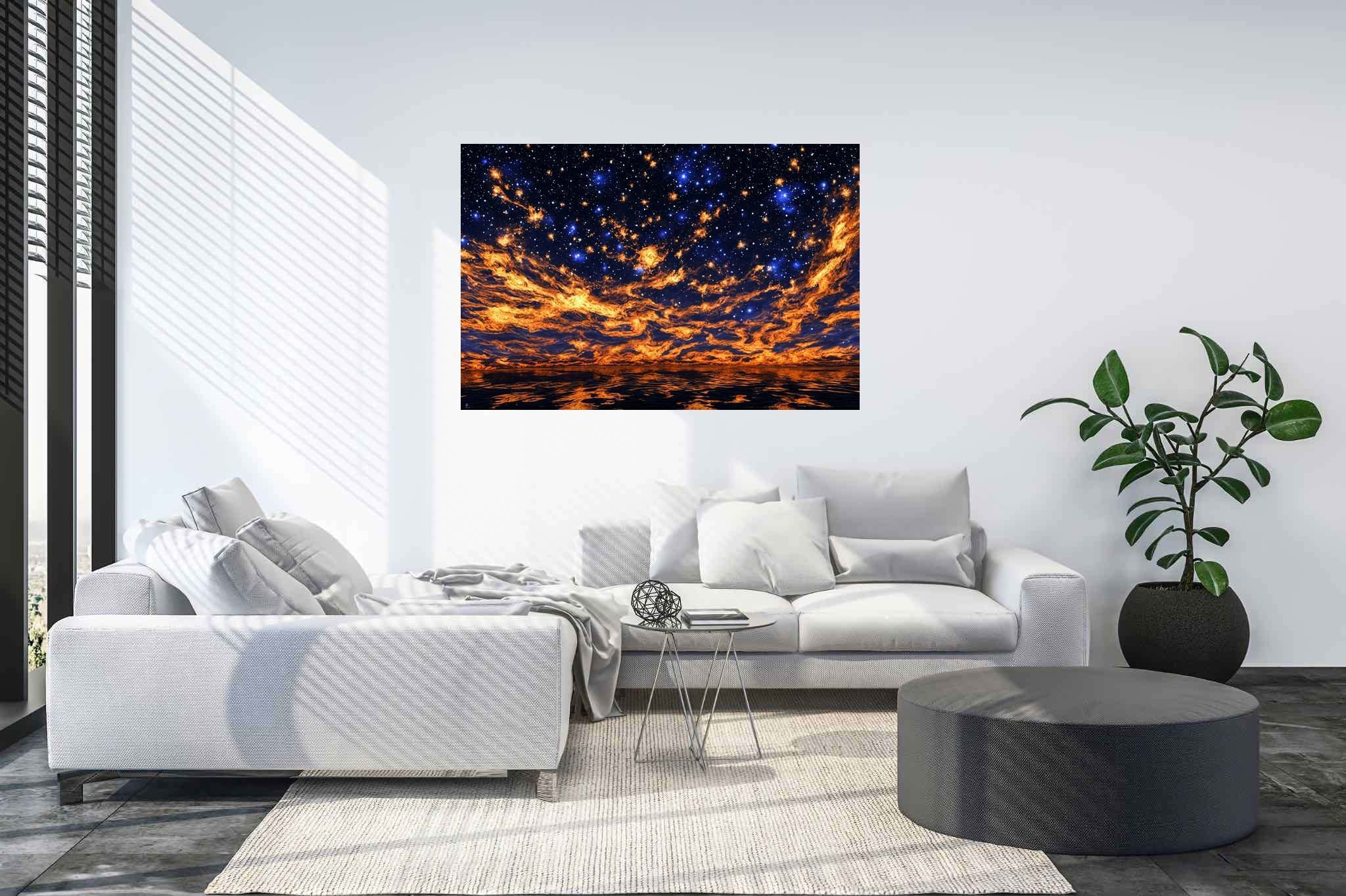 Crimson cosmo tapestry: Night sky art with midnight, in a room with elegant layout, gallery-quality artwork, and elegant home goods. The art can be printed on poster, framed poster, canvas, metal, acrylic or wood, exclusively at WallArtZen. Find this exact print at https://wallartzen.com/waz302