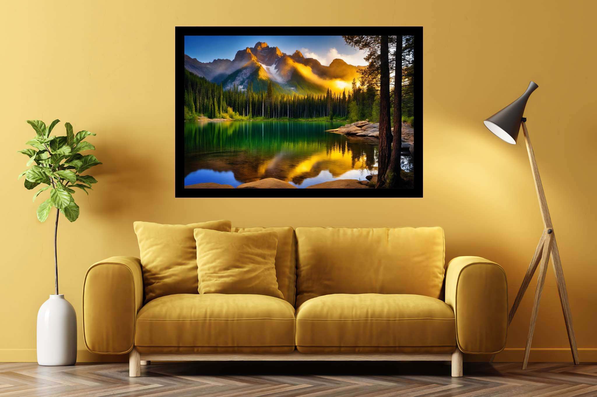 Echoes of serenity: Serene art with serene artworks, in a room with minimalist approach, mural artworks, and stylish accessories. The art can be printed on poster, framed poster, canvas, metal, acrylic or wood, exclusively at WallArtZen. Find this exact print at https://wallartzen.com/waz303