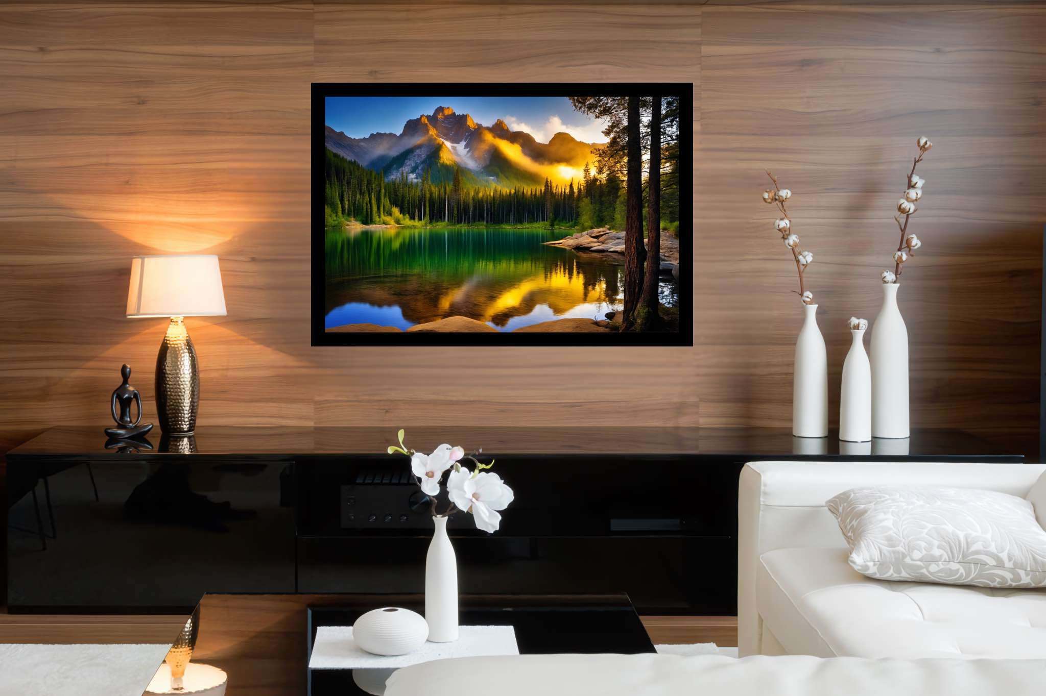 Echoes of serenity: Serene art with tranquil artwork, in a room with minimalist approach, canvas prints, and home furnishings. The art can be printed on poster, framed poster, canvas, metal, acrylic or wood, exclusively at WallArtZen. Find this exact print at https://wallartzen.com/waz303