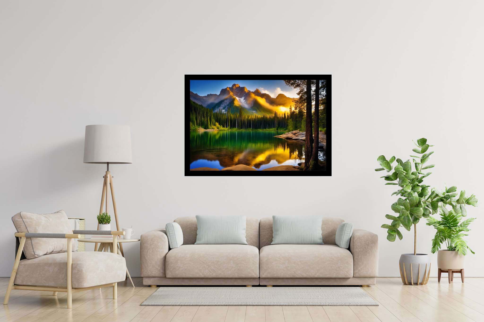 Echoes of serenity: Serene art with serene artworks, in a room with urban design, wall hangings, and designer furniture. The art can be printed on poster, framed poster, canvas, metal, acrylic or wood, exclusively at WallArtZen. Find this exact print at https://wallartzen.com/waz303