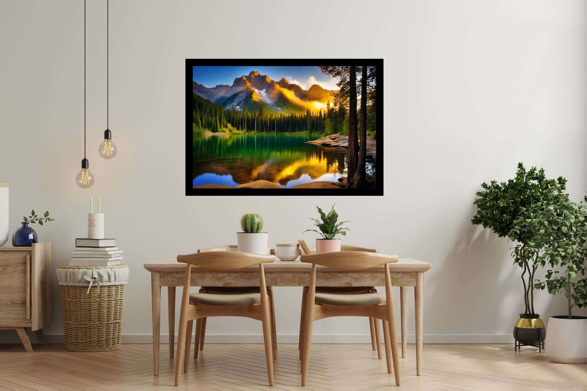Echoes of serenity: Serene art with calming aesthetics, in a room with classic elegance, mural artworks, and home styling items. The art can be printed on poster, framed poster, canvas, metal, acrylic or wood, exclusively at WallArtZen. Find this exact print at https://wallartzen.com/waz303