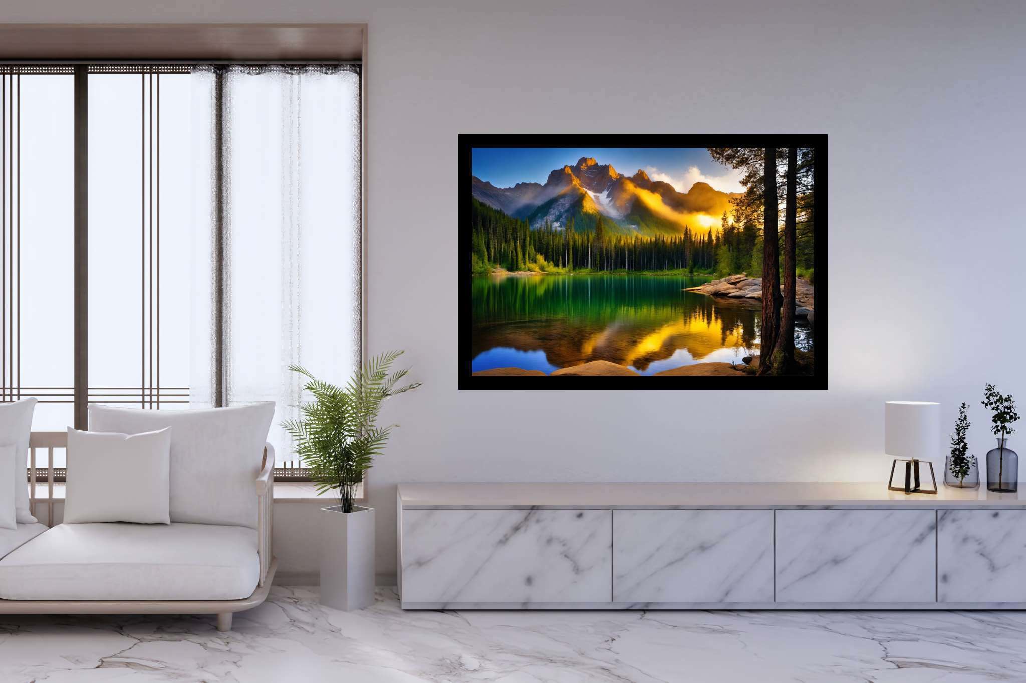 Echoes of serenity: Serene art with peaceful artistry, in a room with great design, wall art, and trendy home accents. The art can be printed on poster, framed poster, canvas, metal, acrylic or wood, exclusively at WallArtZen. Find this exact print at https://wallartzen.com/waz303