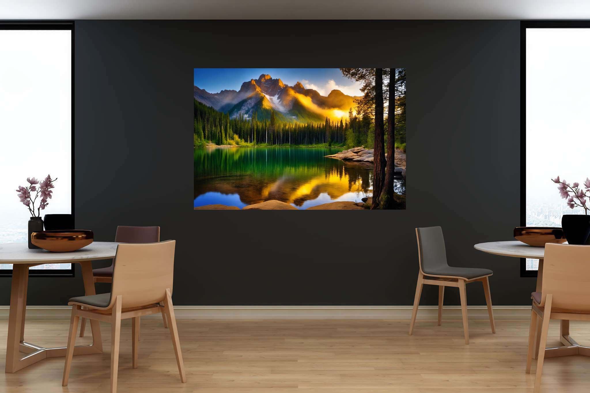 Echoes of serenity: Serene art with calming aesthetics, in a room with elegant layout, framed art, and designer furniture. The art can be printed on poster, framed poster, canvas, metal, acrylic or wood, exclusively at WallArtZen. Find this exact print at https://wallartzen.com/waz303