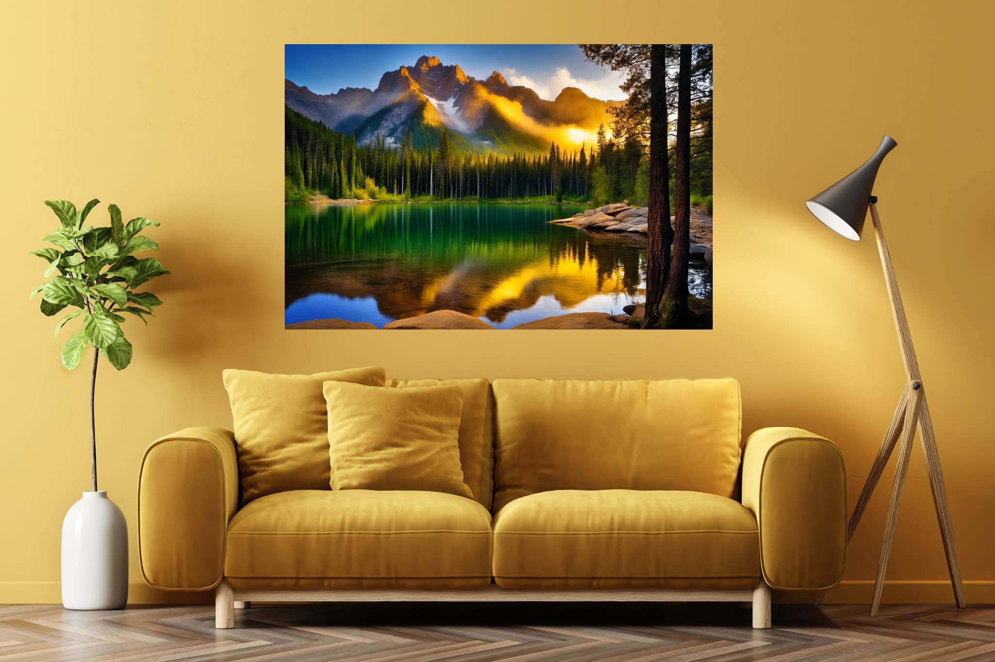 Echoes of serenity: Serene art with serenity in art, in a room with contemporary flair, gallery-quality artwork, and home styling items. The art can be printed on poster, framed poster, canvas, metal, acrylic or wood, exclusively at WallArtZen. Find this exact print at https://wallartzen.com/waz303