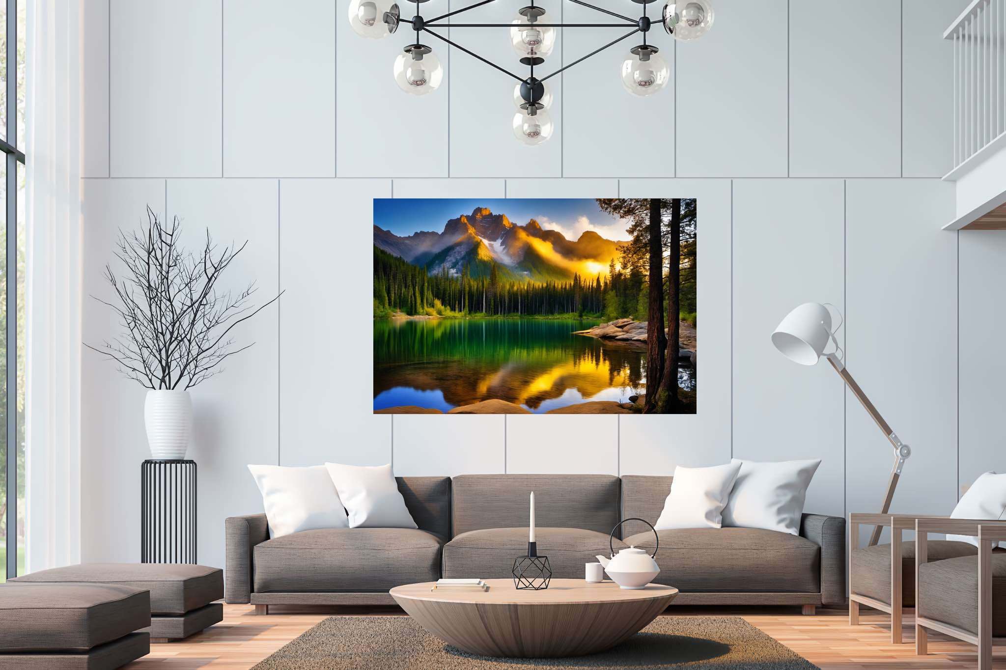 Echoes of serenity: Serene art with serenity in art, in a room with minimalist approach, canvas prints, and home styling items. The art can be printed on poster, framed poster, canvas, metal, acrylic or wood, exclusively at WallArtZen. Find this exact print at https://wallartzen.com/waz303