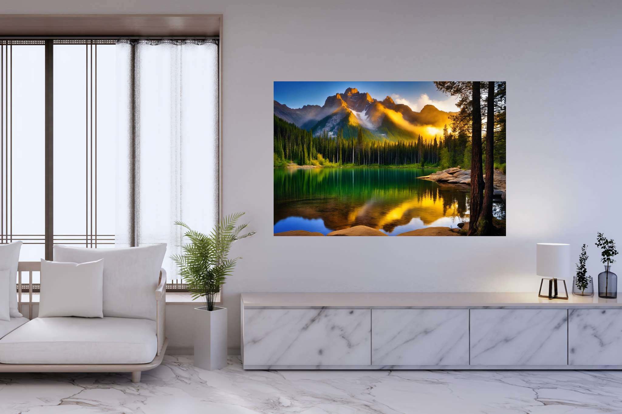 Echoes of serenity: Serene art with calming paintings, in a room with great design, mural artworks, and stylish accessories. The art can be printed on poster, framed poster, canvas, metal, acrylic or wood, exclusively at WallArtZen. Find this exact print at https://wallartzen.com/waz303