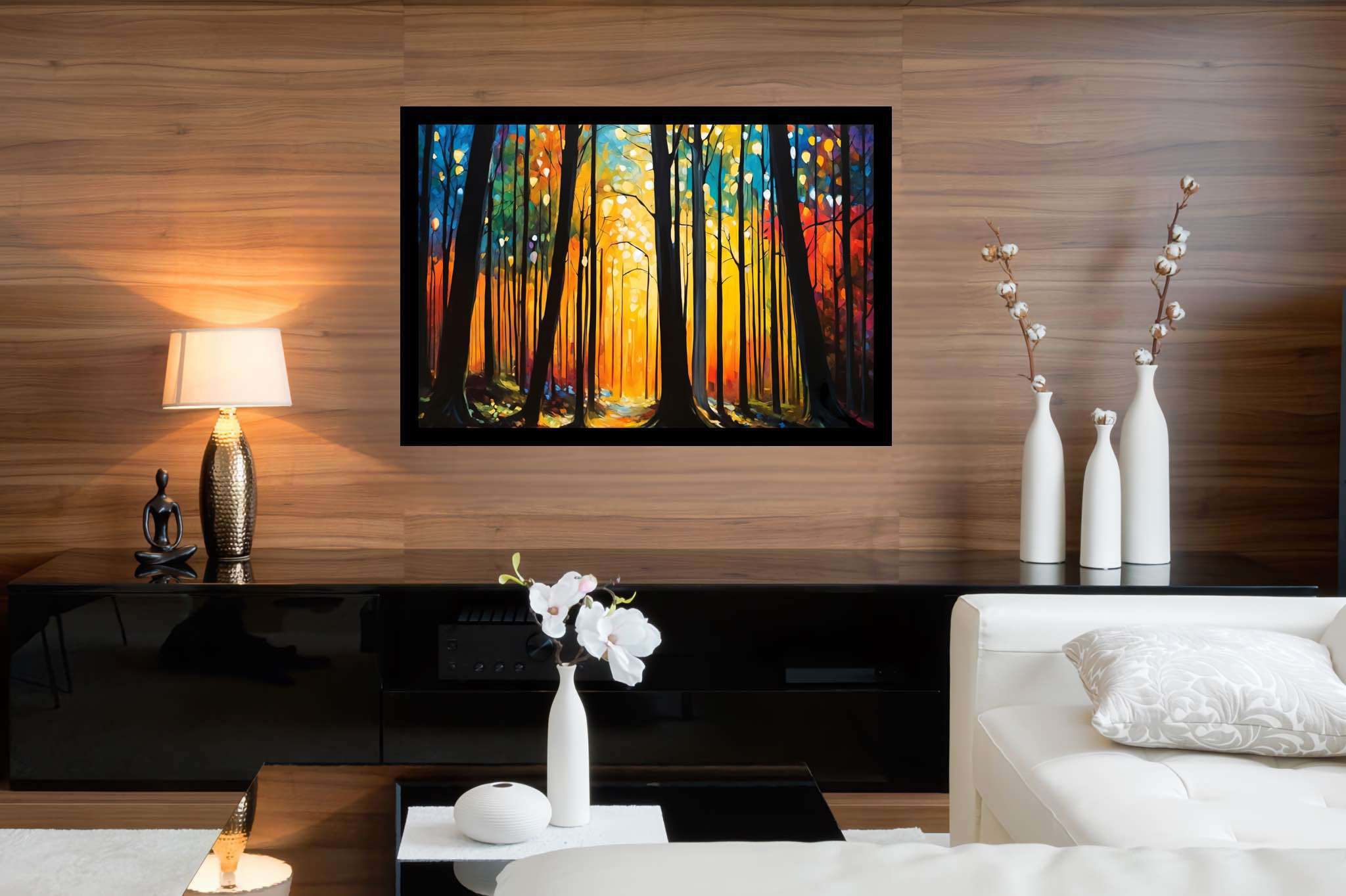 Sunrise serenade in emerald thicket: Forest art with woodland scenery, in a room with contemporary flair, canvas prints, and decorative pieces. The art can be printed on poster, framed poster, canvas, metal, acrylic or wood, exclusively at WallArtZen. Find this exact print at https://wallartzen.com/waz304
