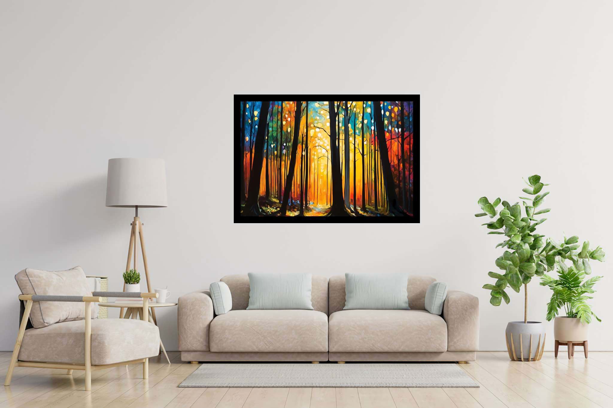 Sunrise serenade in emerald thicket: Forest art with nature paintings, in a room with artistic style, framed art, and elegant home goods. The art can be printed on poster, framed poster, canvas, metal, acrylic or wood, exclusively at WallArtZen. Find this exact print at https://wallartzen.com/waz304