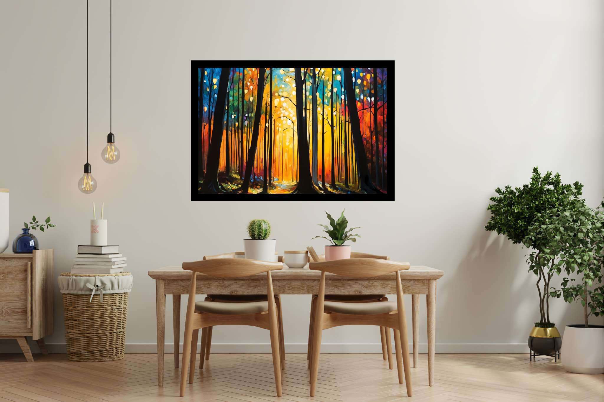Sunrise serenade in emerald thicket: Forest art with dreamy forest, in a room with minimalist approach, wall hangings, and luxe decor. The art can be printed on poster, framed poster, canvas, metal, acrylic or wood, exclusively at WallArtZen. Find this exact print at https://wallartzen.com/waz304