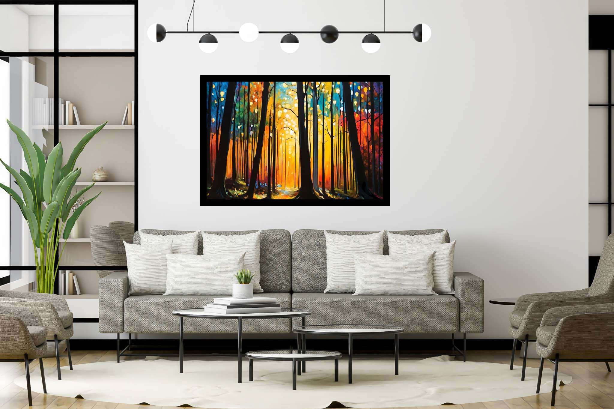 Sunrise serenade in emerald thicket: Forest art with woodland scenery, in a room with classic elegance, framed art, and artisan decor. The art can be printed on poster, framed poster, canvas, metal, acrylic or wood, exclusively at WallArtZen. Find this exact print at https://wallartzen.com/waz304