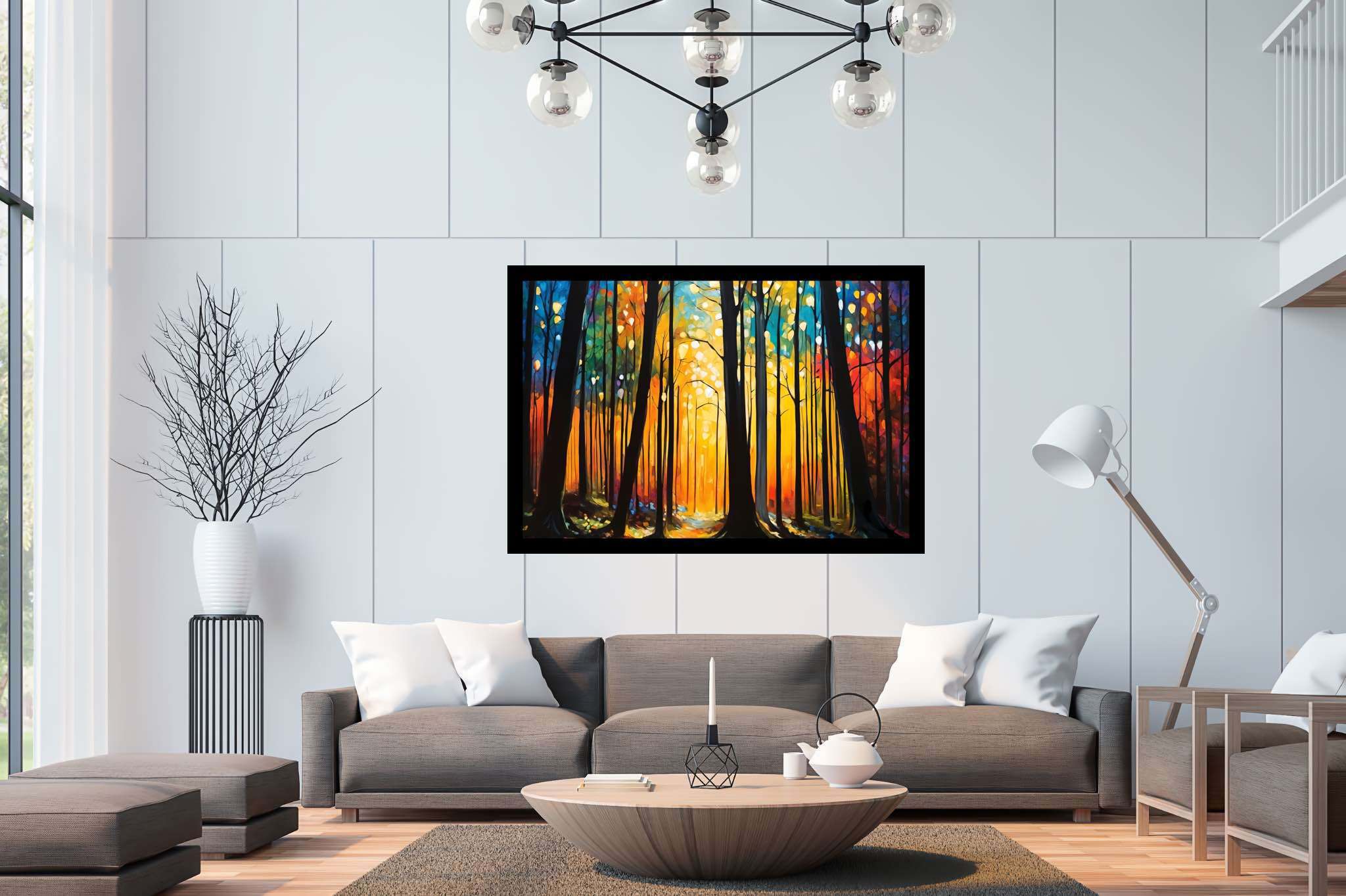 Sunrise serenade in emerald thicket: Forest art with dreamy forest, in a room with elegant layout, wall hangings, and elegant home goods. The art can be printed on poster, framed poster, canvas, metal, acrylic or wood, exclusively at WallArtZen. Find this exact print at https://wallartzen.com/waz304
