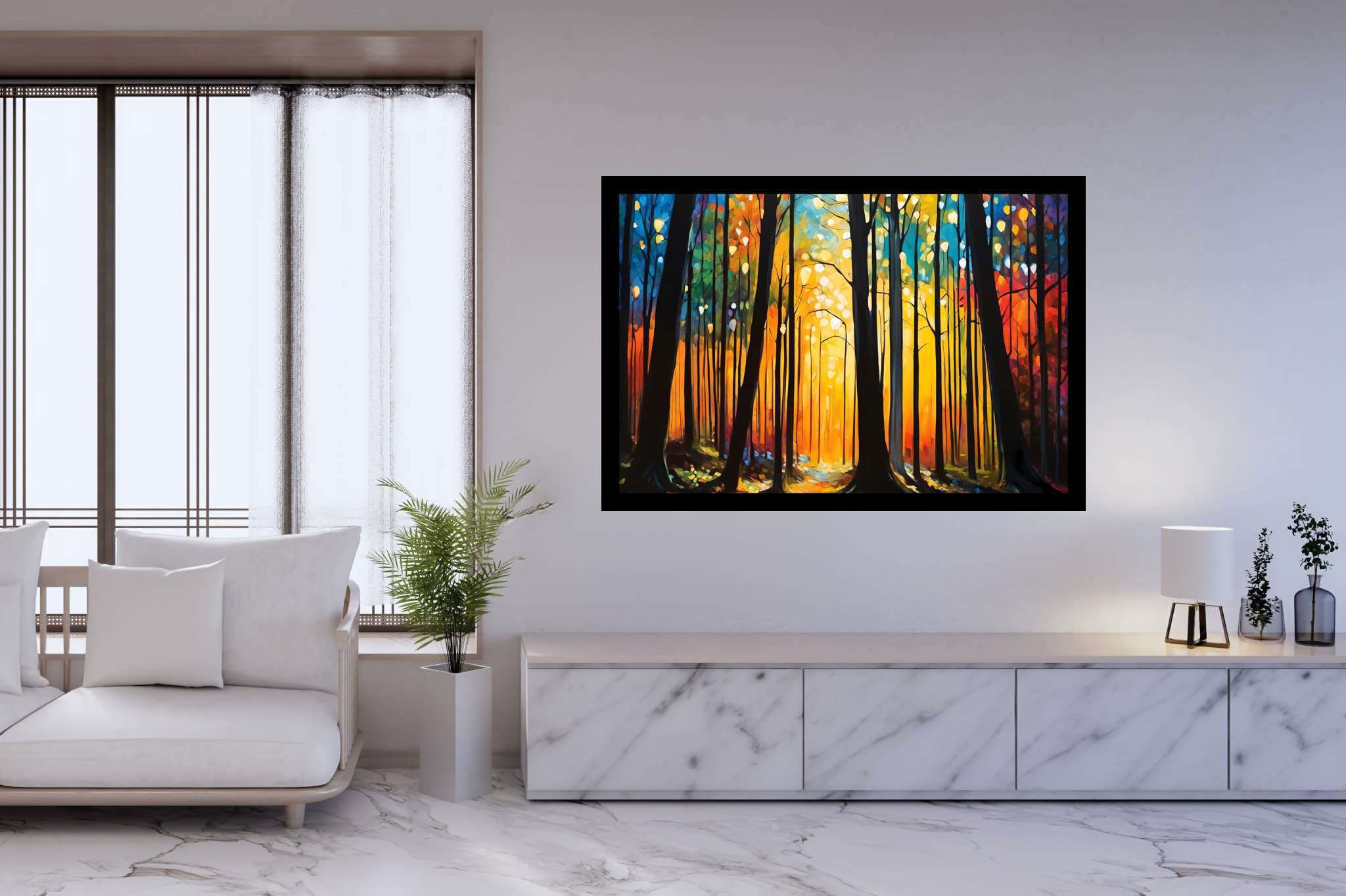 Sunrise serenade in emerald thicket: Forest art with forest landscape, in a room with elegant layout, mural artworks, and elegant home goods. The art can be printed on poster, framed poster, canvas, metal, acrylic or wood, exclusively at WallArtZen. Find this exact print at https://wallartzen.com/waz304