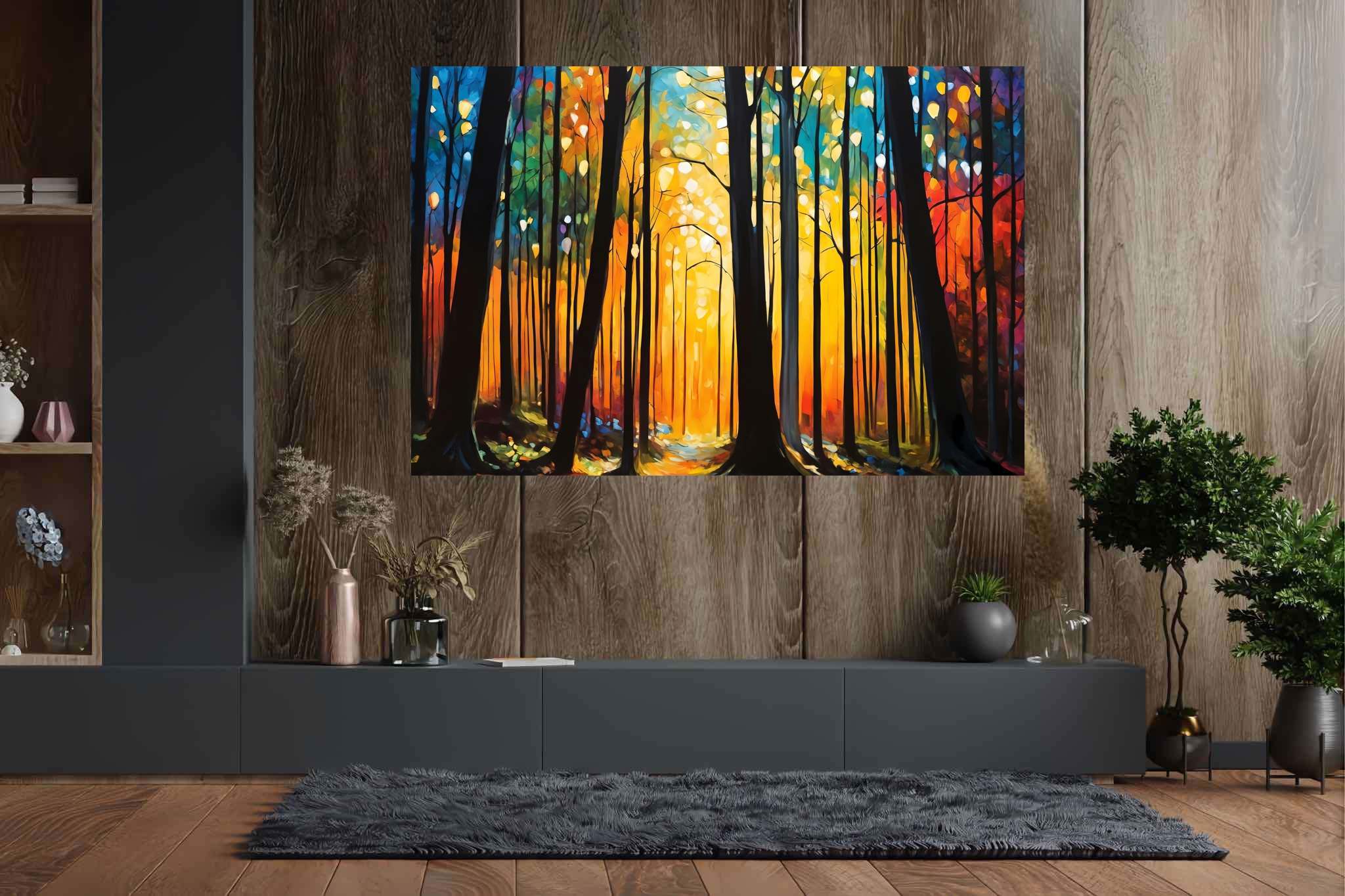 Sunrise serenade in emerald thicket: Forest art with forest artwork, in a room with minimalist approach, framed art, and decorative pieces. The art can be printed on poster, framed poster, canvas, metal, acrylic or wood, exclusively at WallArtZen. Find this exact print at https://wallartzen.com/waz304