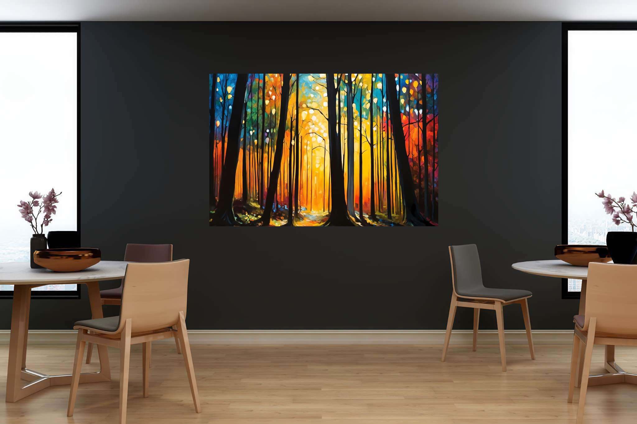 Sunrise serenade in emerald thicket: Forest art with mystical woods, in a room with great design, fine art prints, and trendy home accents. The art can be printed on poster, framed poster, canvas, metal, acrylic or wood, exclusively at WallArtZen. Find this exact print at https://wallartzen.com/waz304