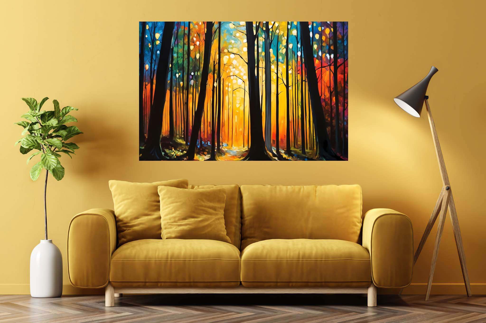Sunrise serenade in emerald thicket: Forest art with forest scenery, in a room with urban design, framed art, and interior decorations. The art can be printed on poster, framed poster, canvas, metal, acrylic or wood, exclusively at WallArtZen. Find this exact print at https://wallartzen.com/waz304